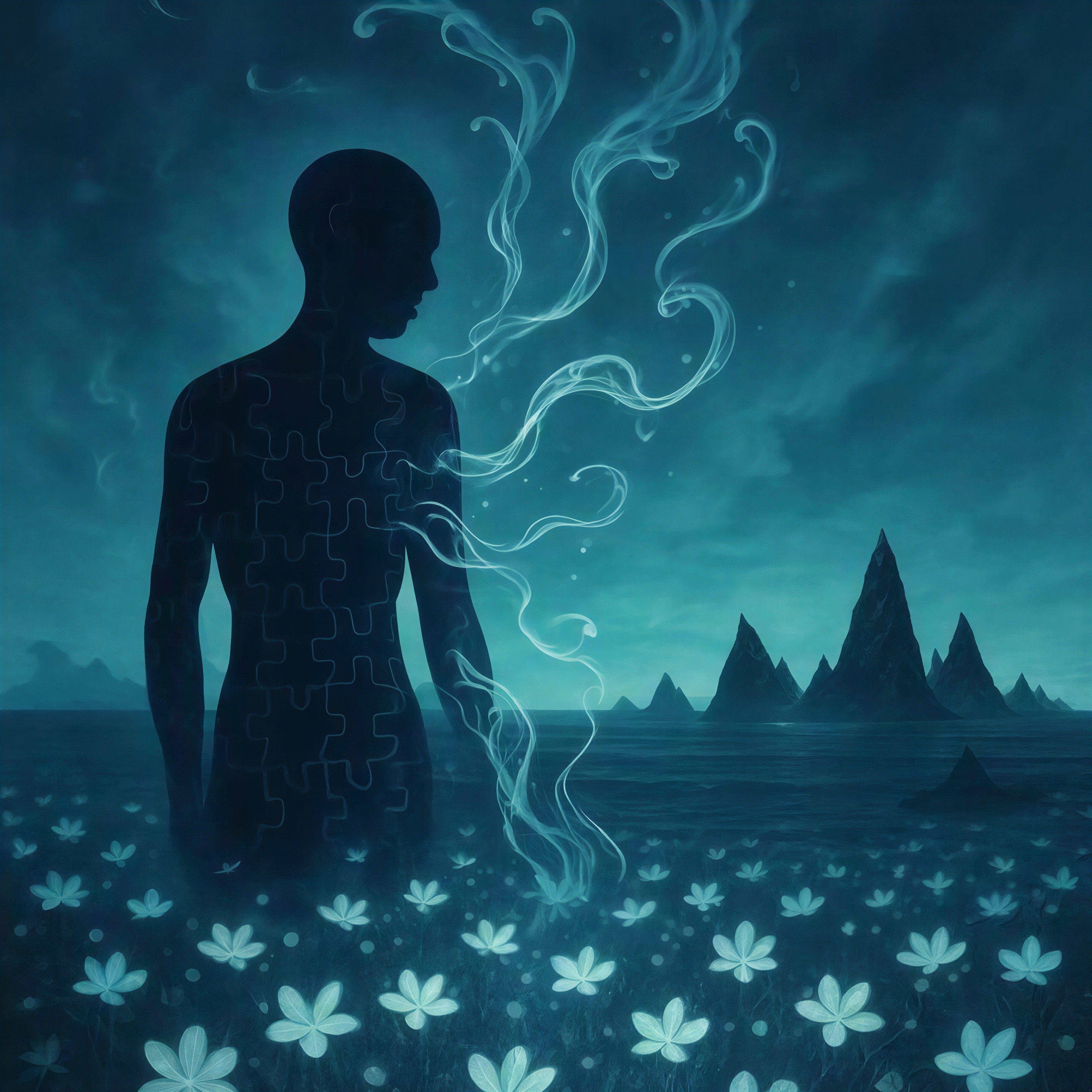Surreal Digital Painting of Puzzle Figure in Blue Field