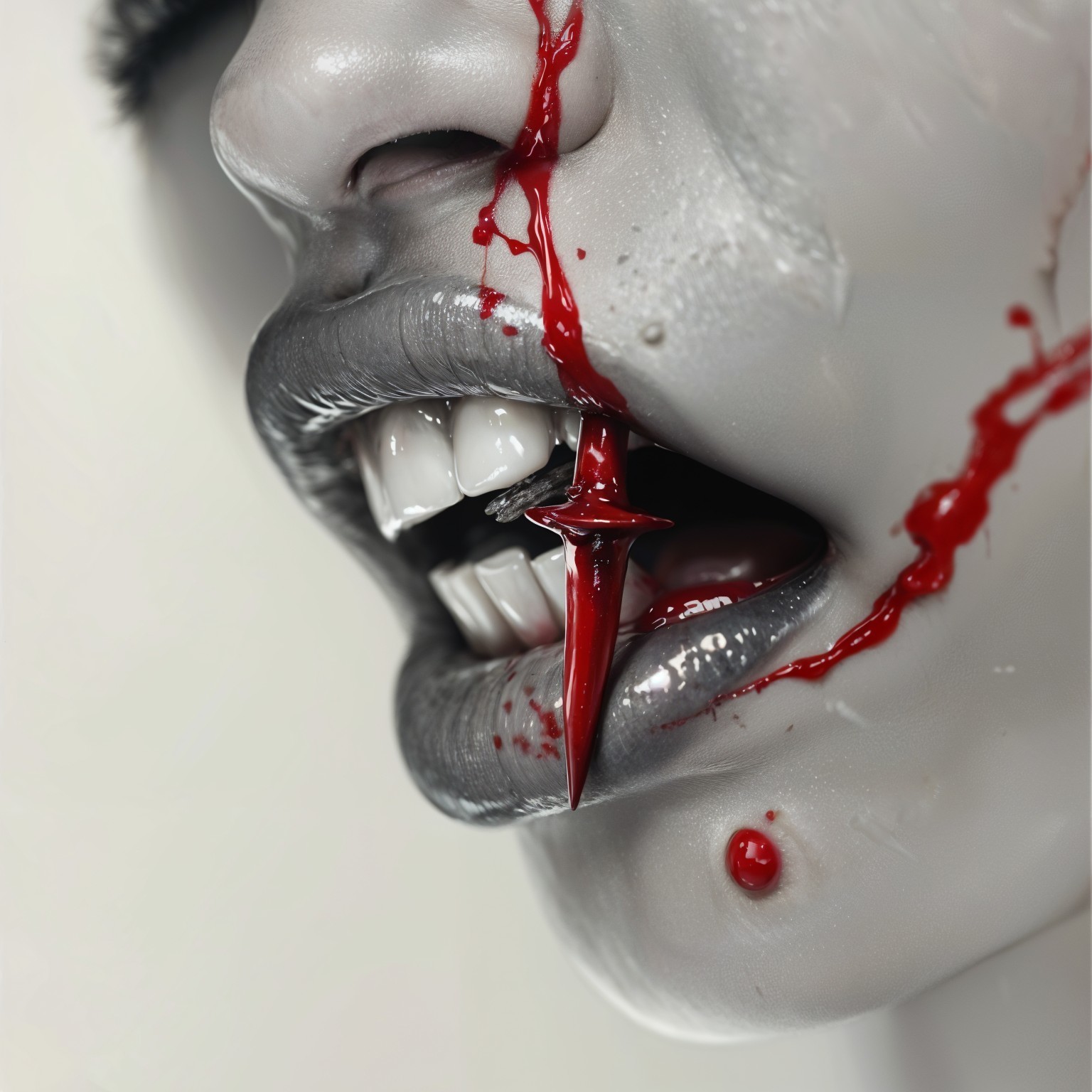 Close-Up of Mouth with Metallic Fangs and Blood