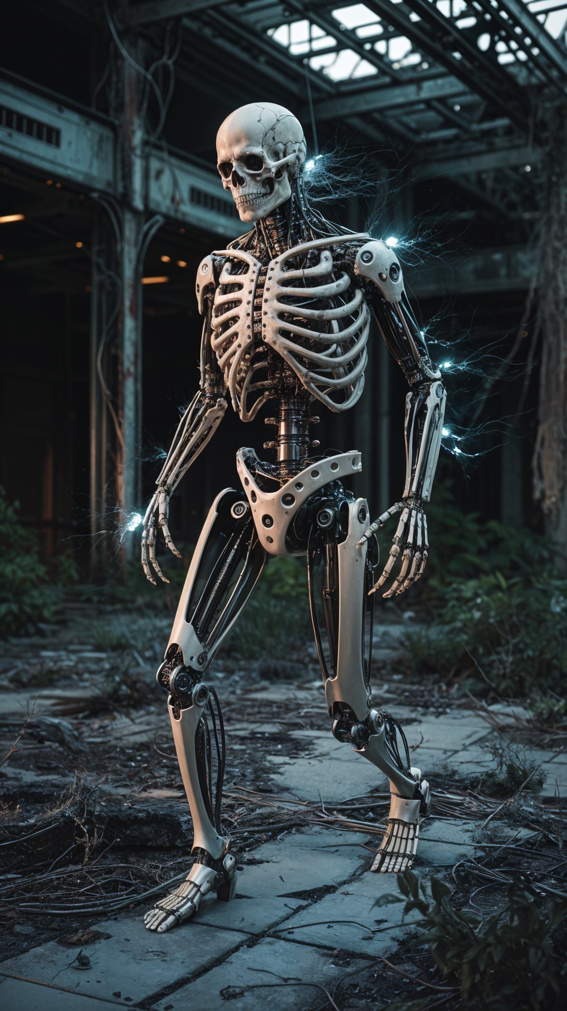 Humanoid Skeleton Robot in Abandoned Space with Nature