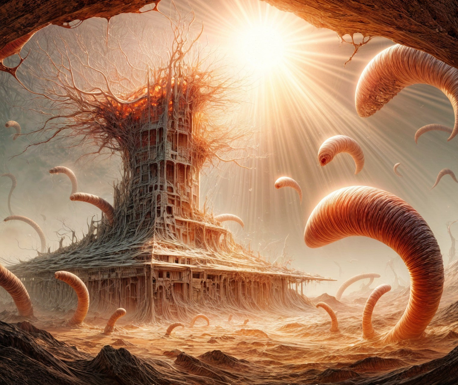 Surreal Landscape with Tower of Twisting Roots