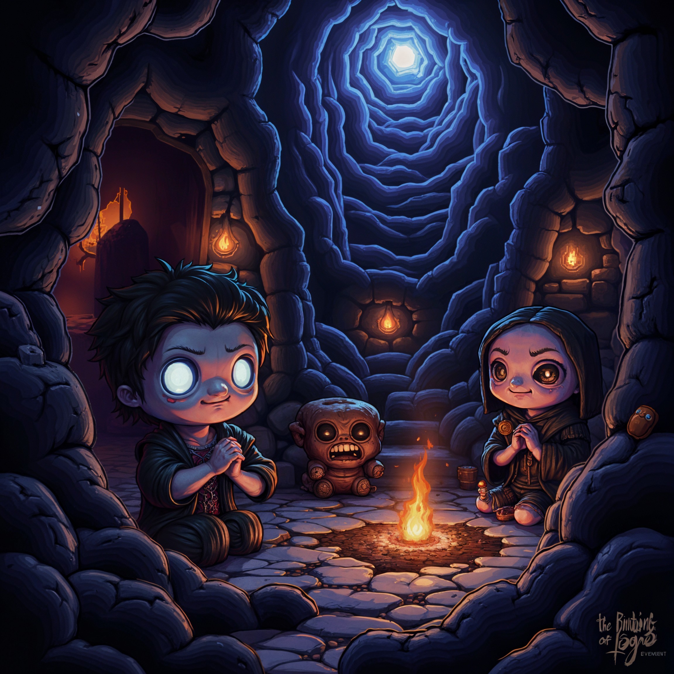 Whimsical Characters Gather Around a Campfire in Cave