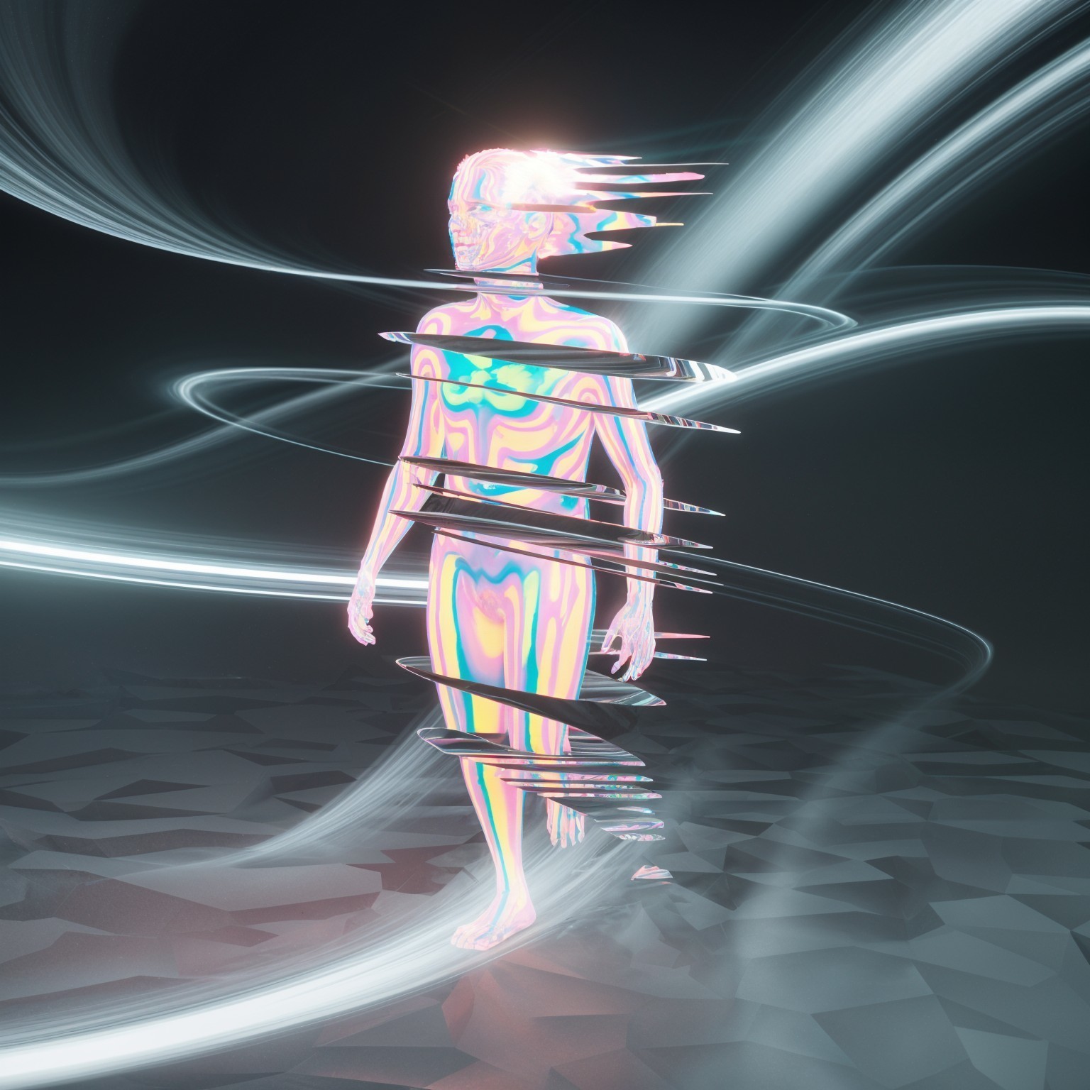 Futuristic Translucent Figure with Light Trails