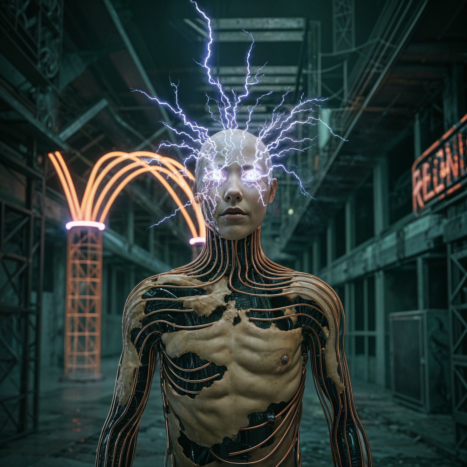 Futuristic humanoid figure in industrial neon setting