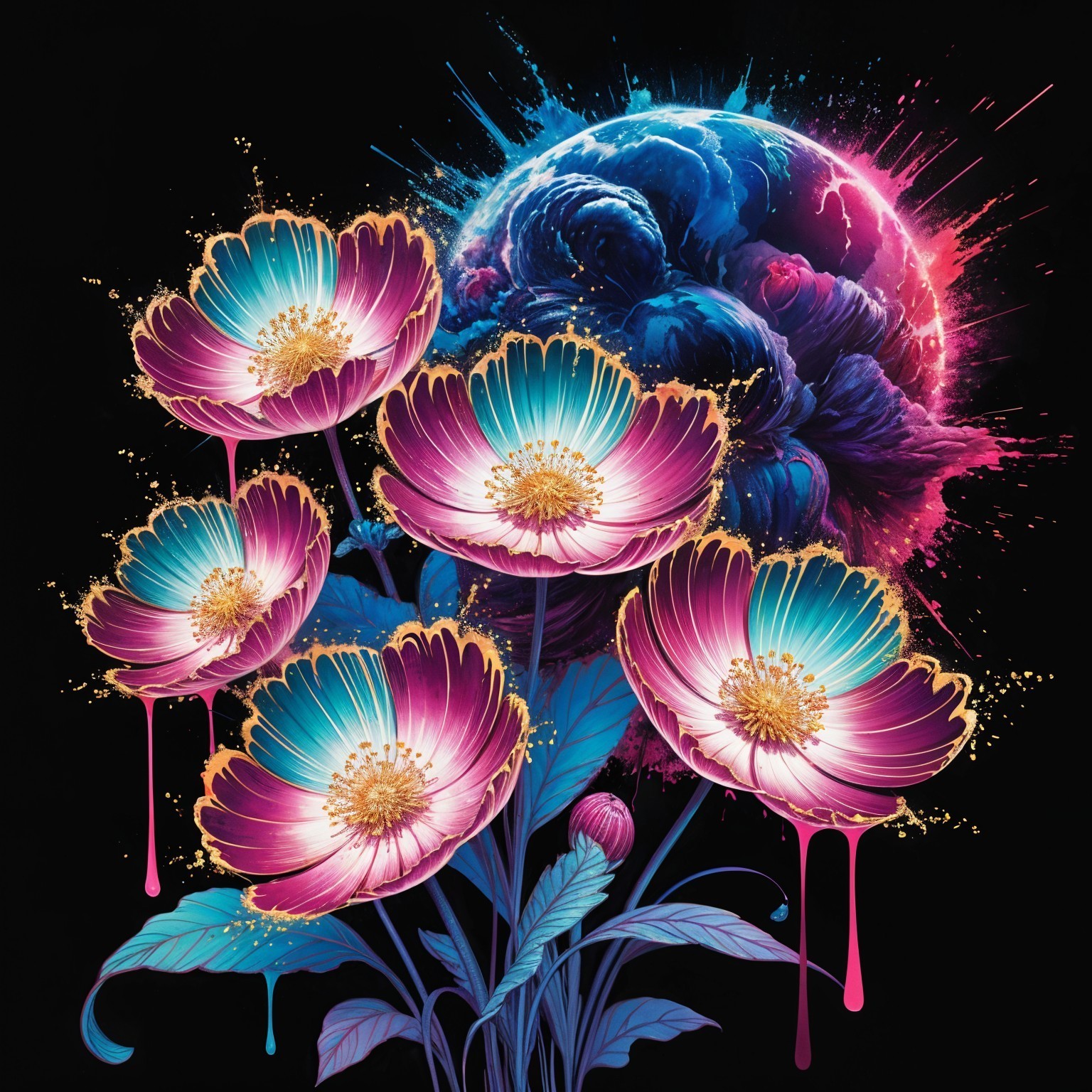Vibrant Flowers with Iridescent Petals in Cosmic Setting