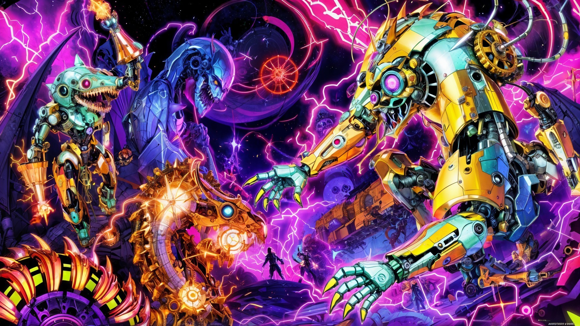 Futuristic Battle of Robots and Mechanical Dragons