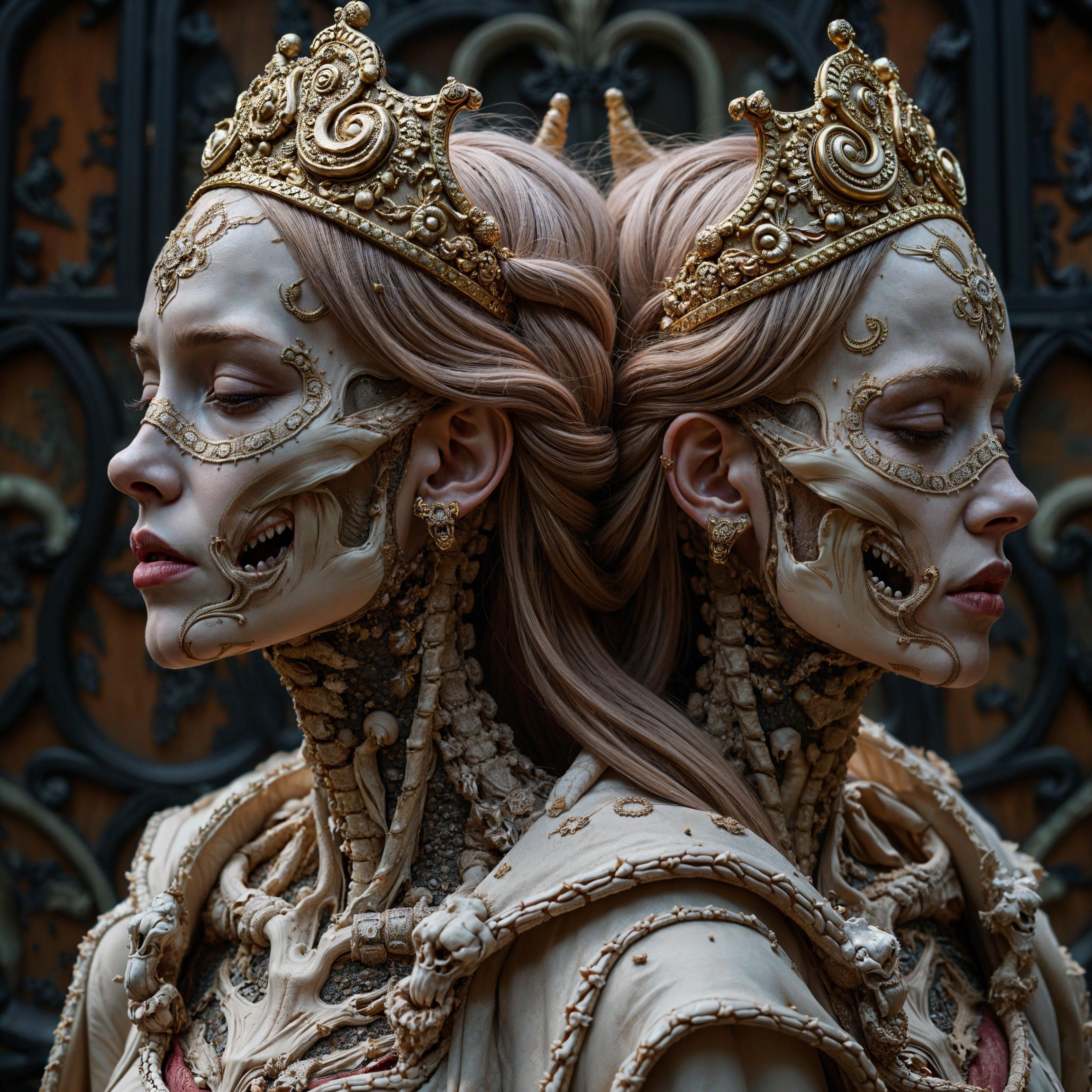 Elegant Figures with Golden Crowns and Skeletal Motifs