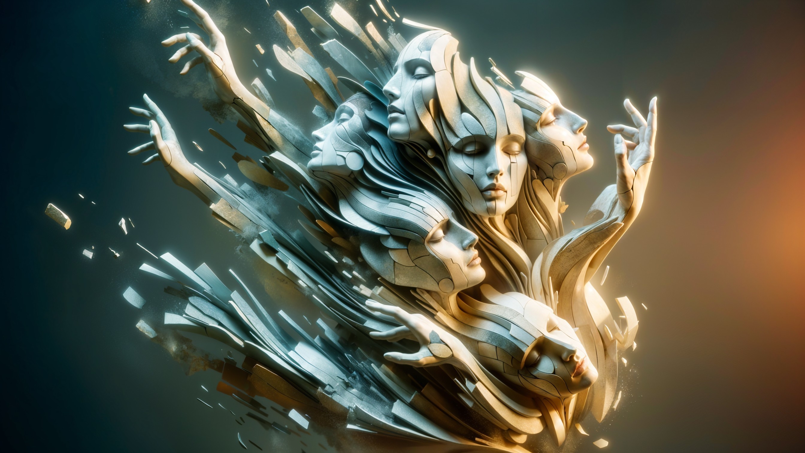 Abstract Sculpture of Intertwined Faces and Hair
