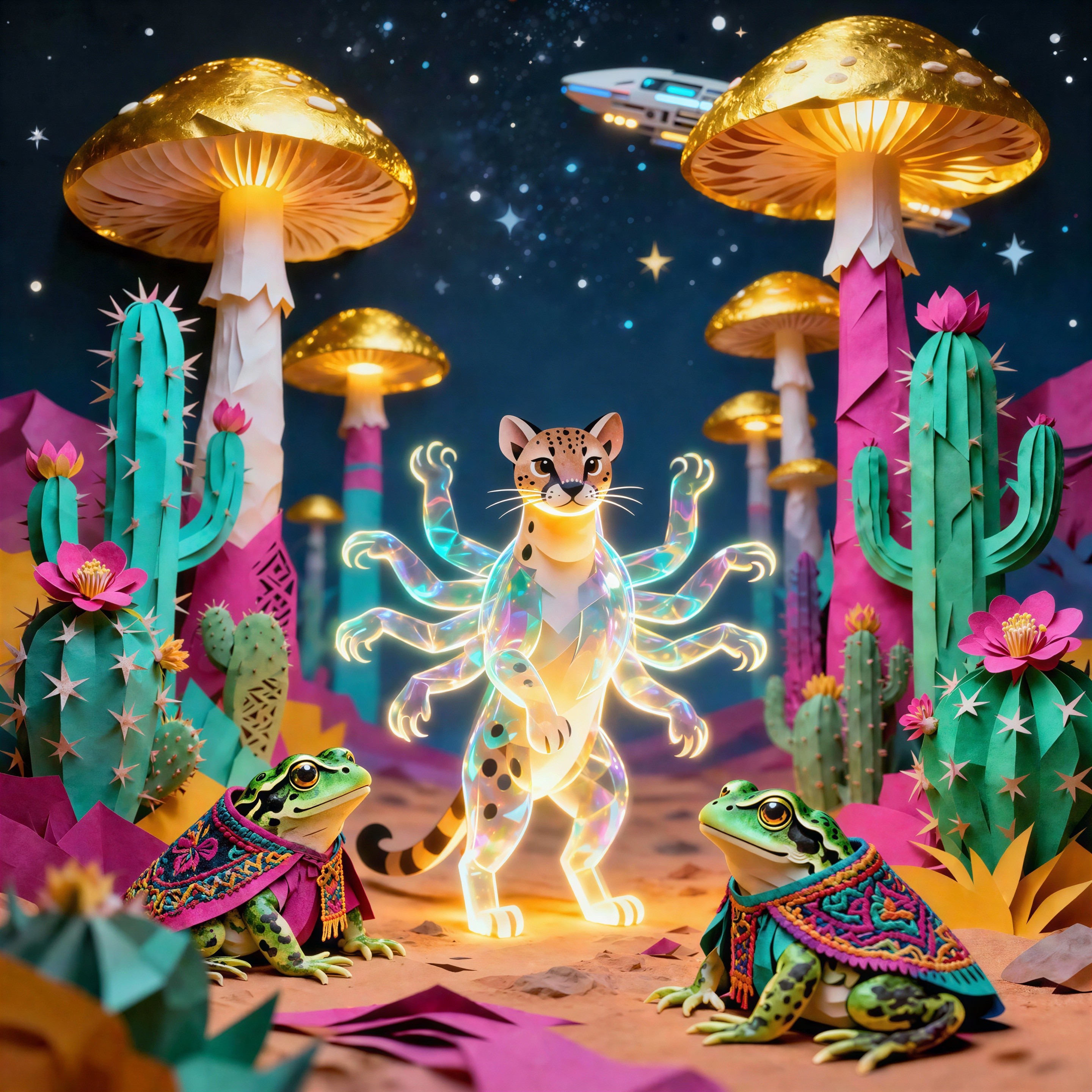 Whimsical Desert Scene with Geometric Jaguar and Frogs