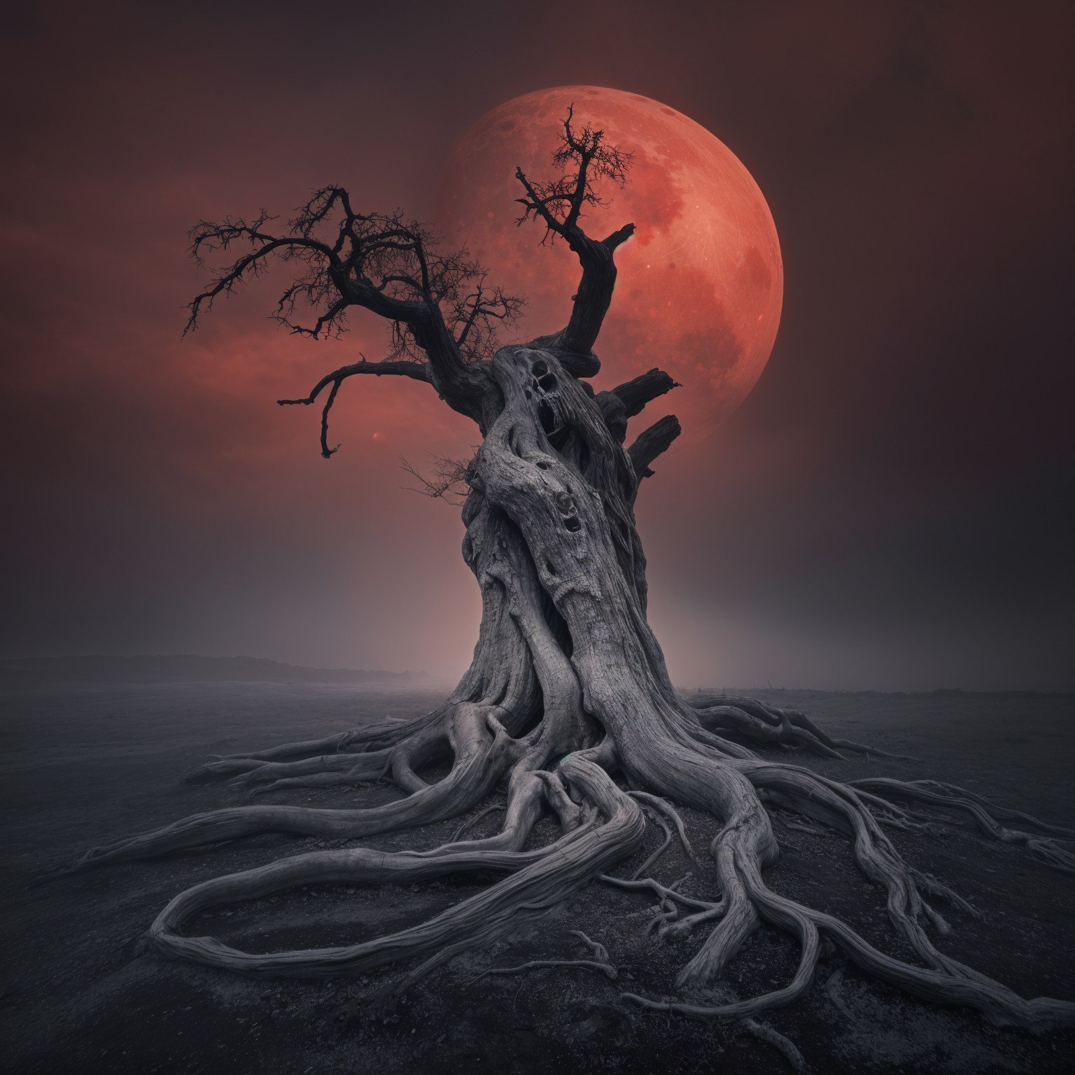 Ancient Tree Under Full Moon with Dramatic Sky