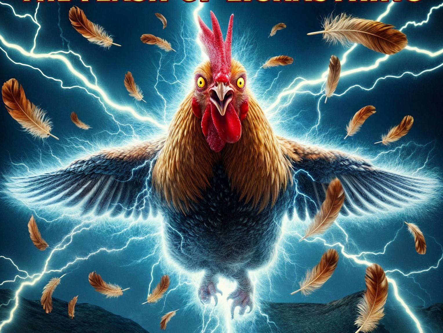Giant Chicken Surrounded by Lightning in Stormy Sky