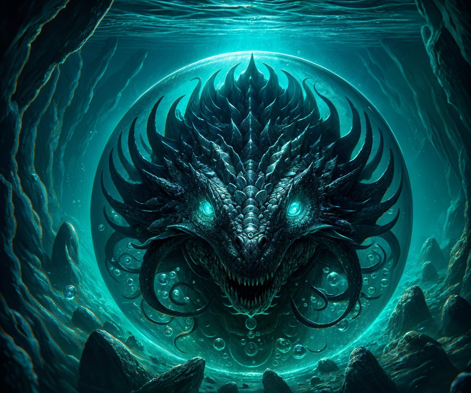 Colossal Sea Creature with Turquoise Eyes and Aura