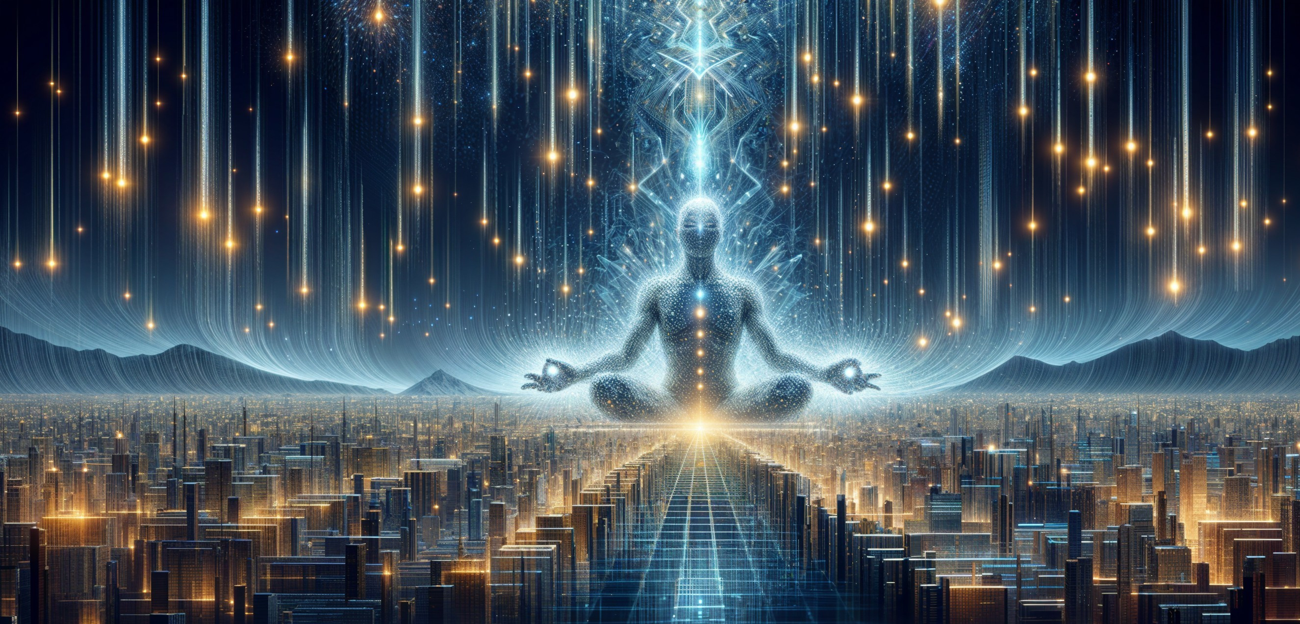 Meditative Figure in Cosmic Cityscape with Energy Beams
