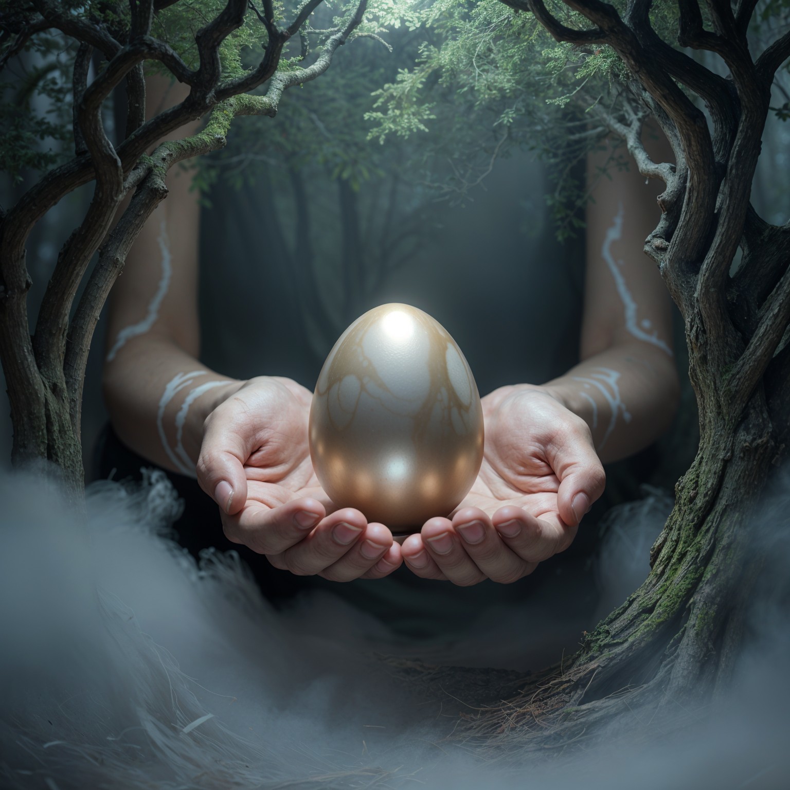 Mystical Forest Scene with Gold Egg and Nature Connection
