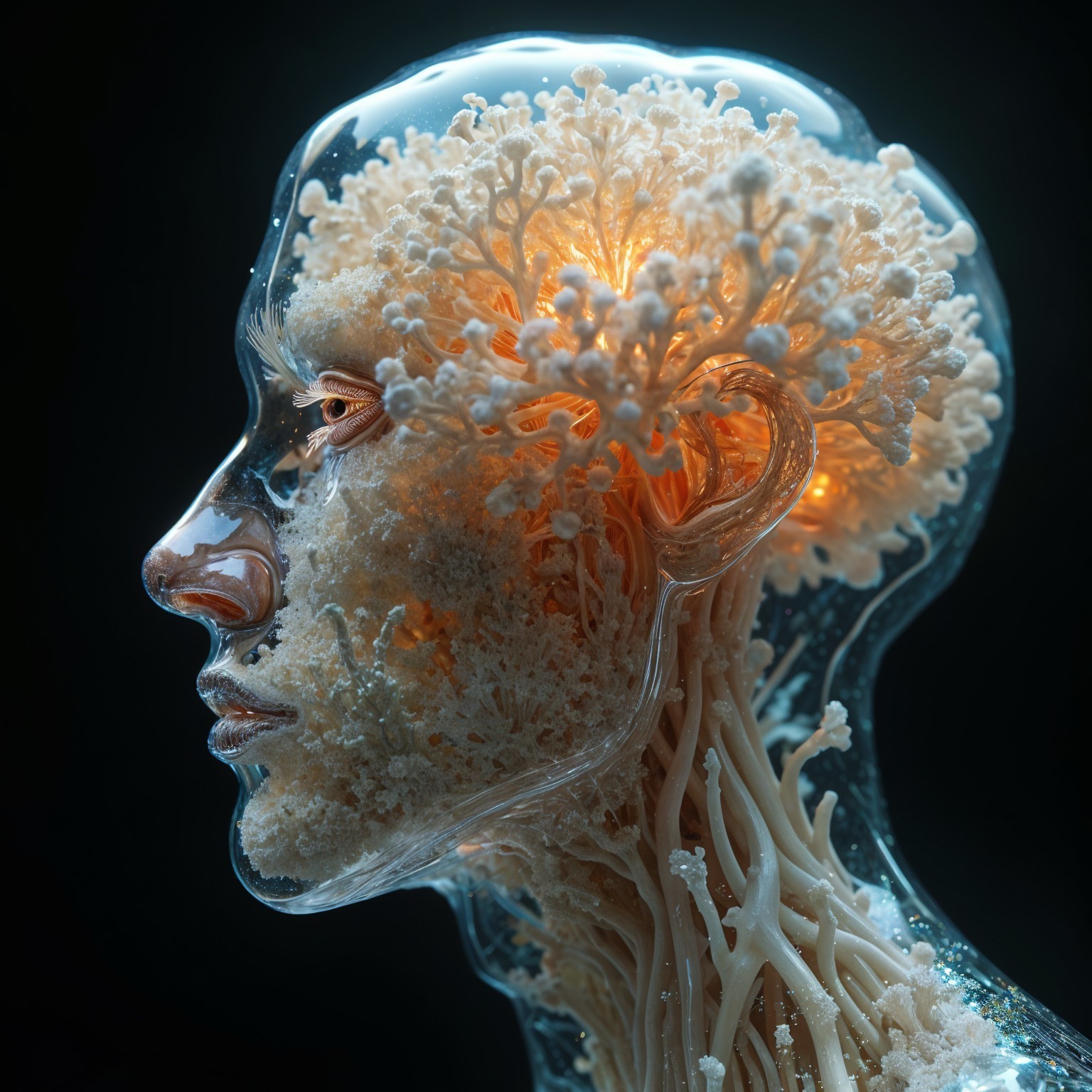 Translucent humanoid figure with coral-like texture