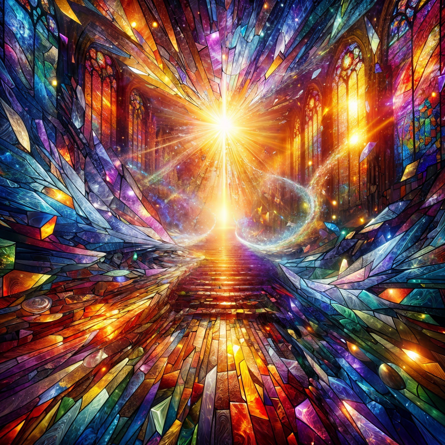 Vibrant Stained Glass Cathedral Scene Description
