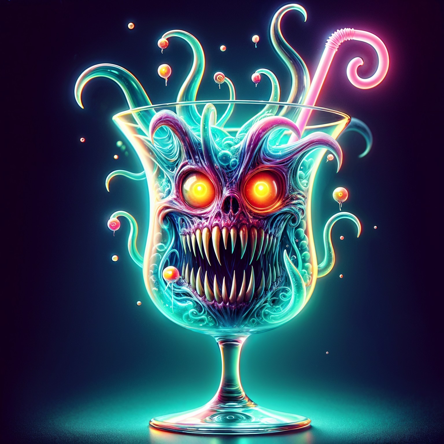 Otherworldly cocktail with glowing tentacles and vivid colors