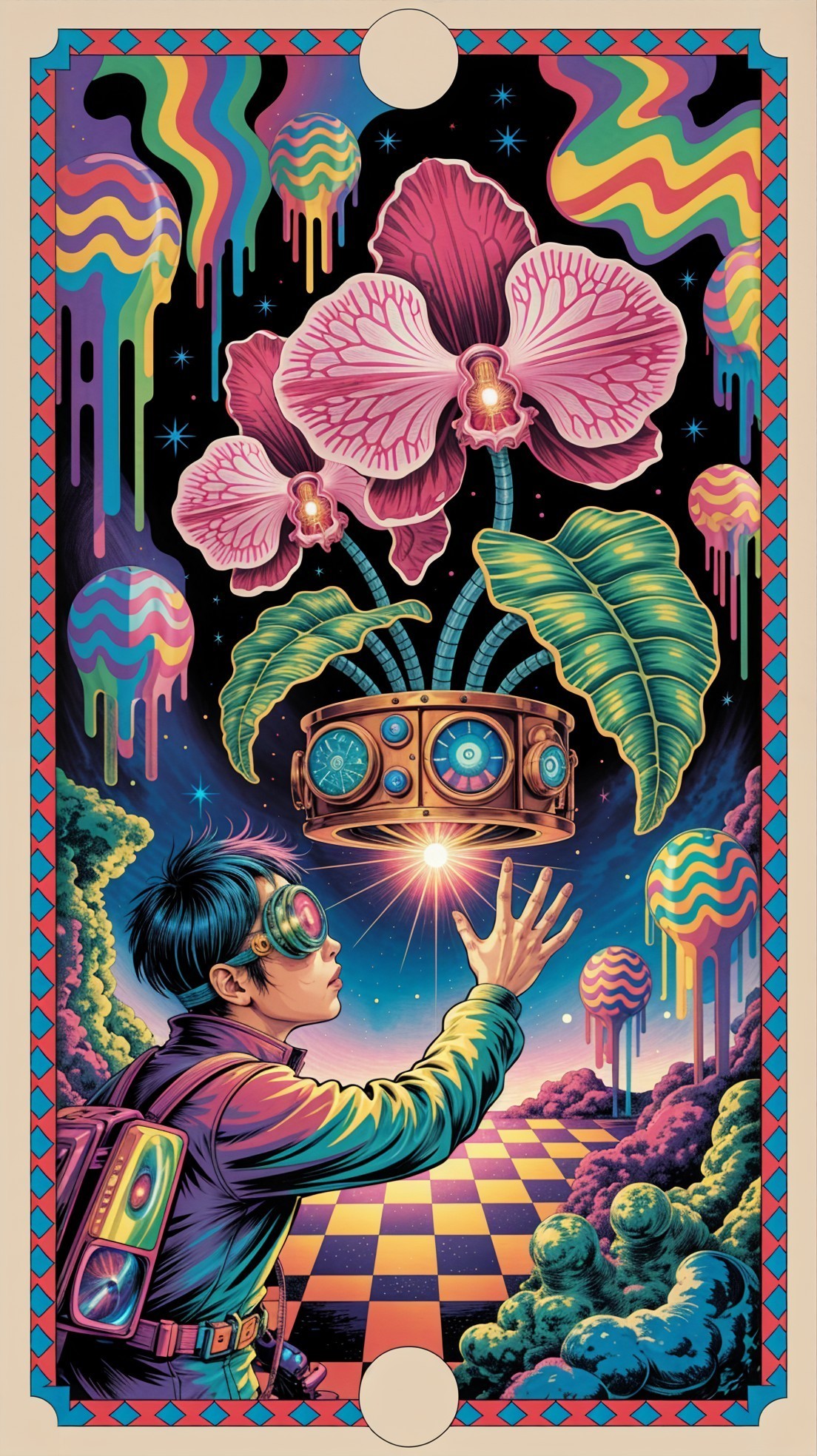 Surreal Landscape with Glowing Orchid and Abstract Patterns