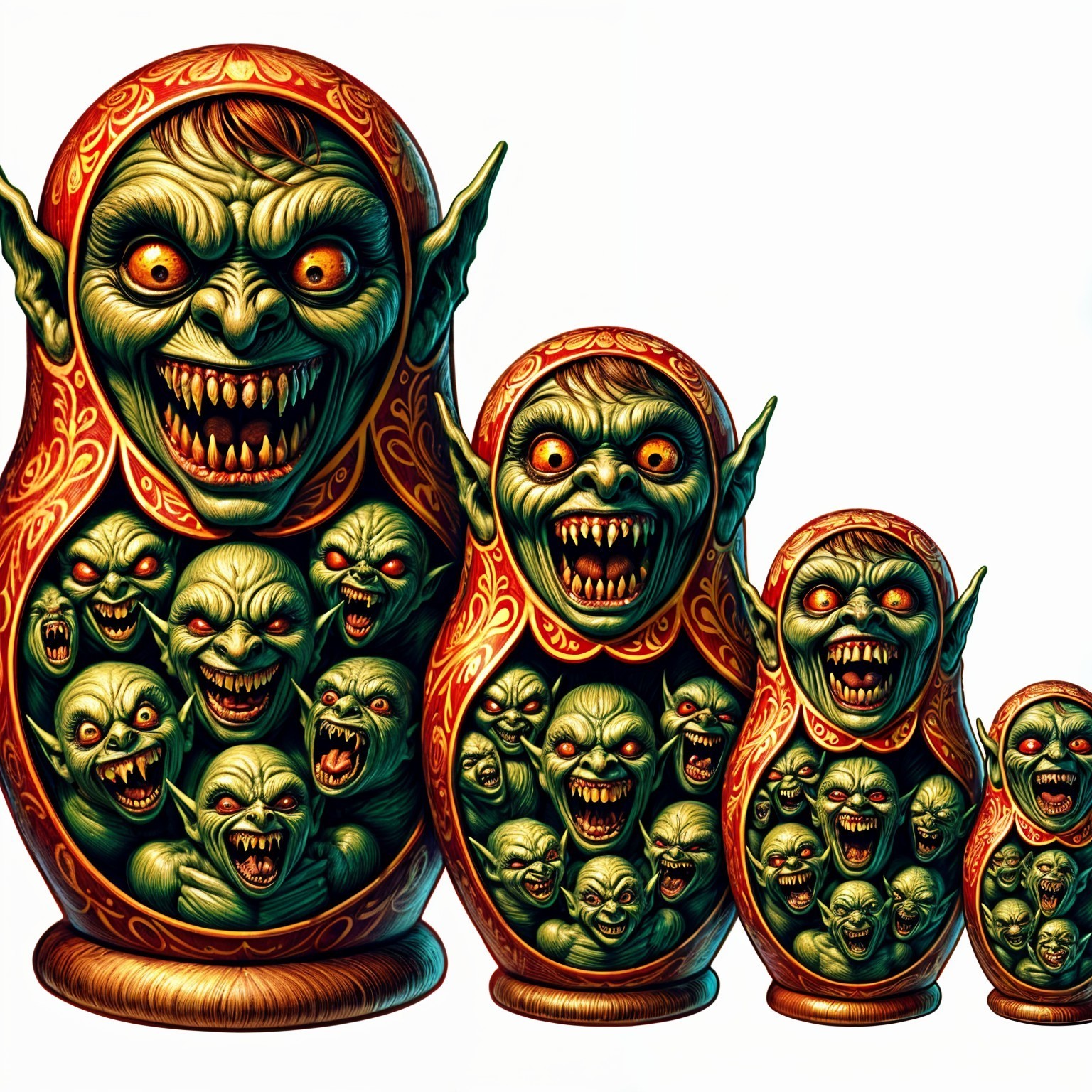Intricately Designed Nesting Dolls with Sinister Creatures
