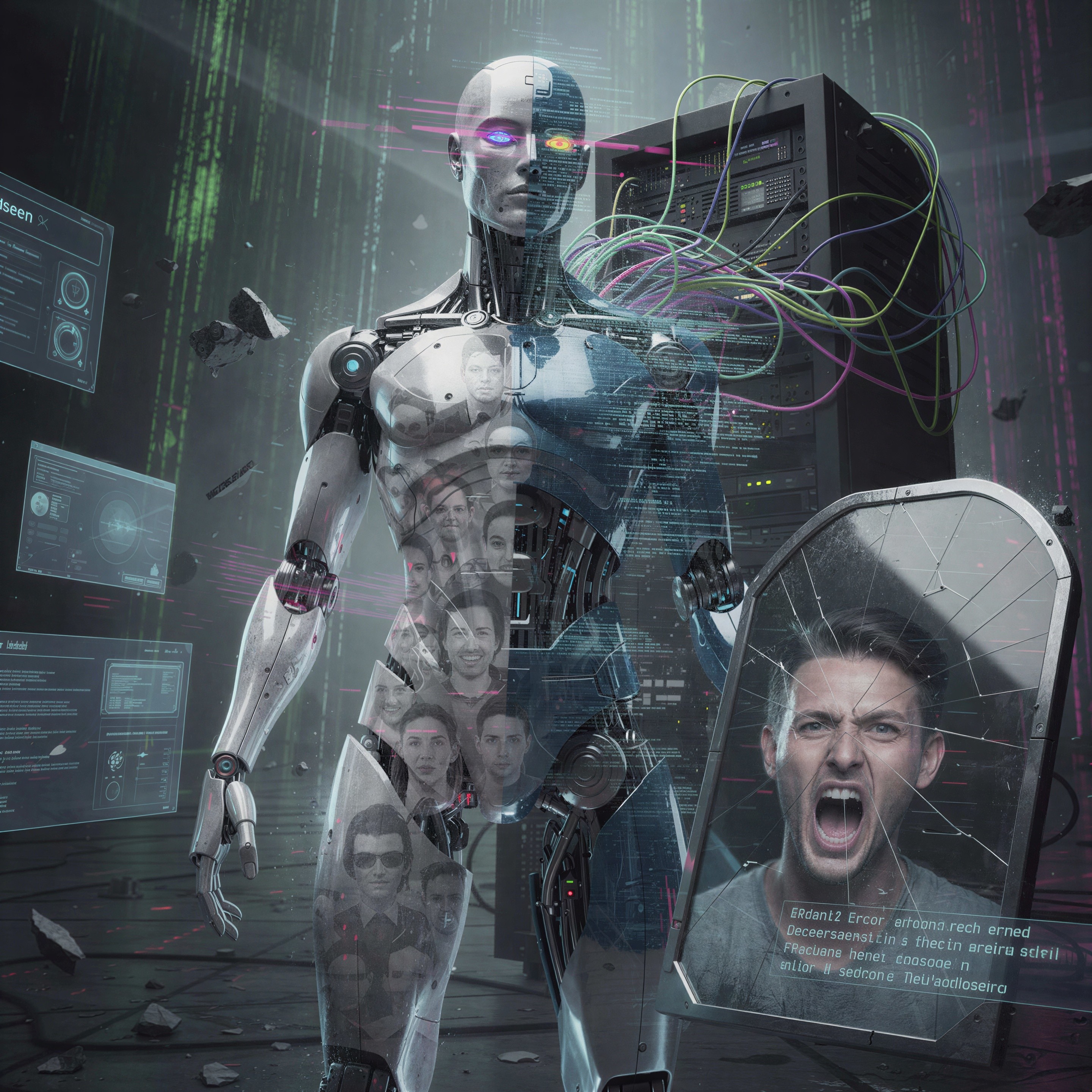 Surrealist Digital Artwork of a Cyborg in Data Center