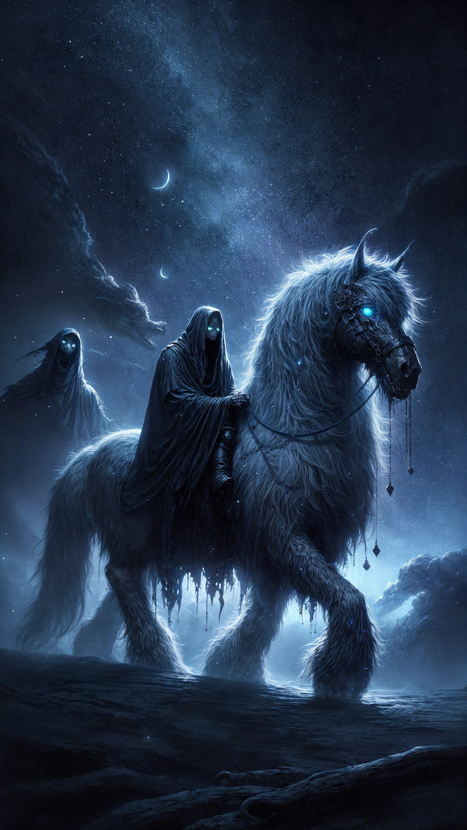 Spectral Figure on Icy Horse in Ethereal Landscape