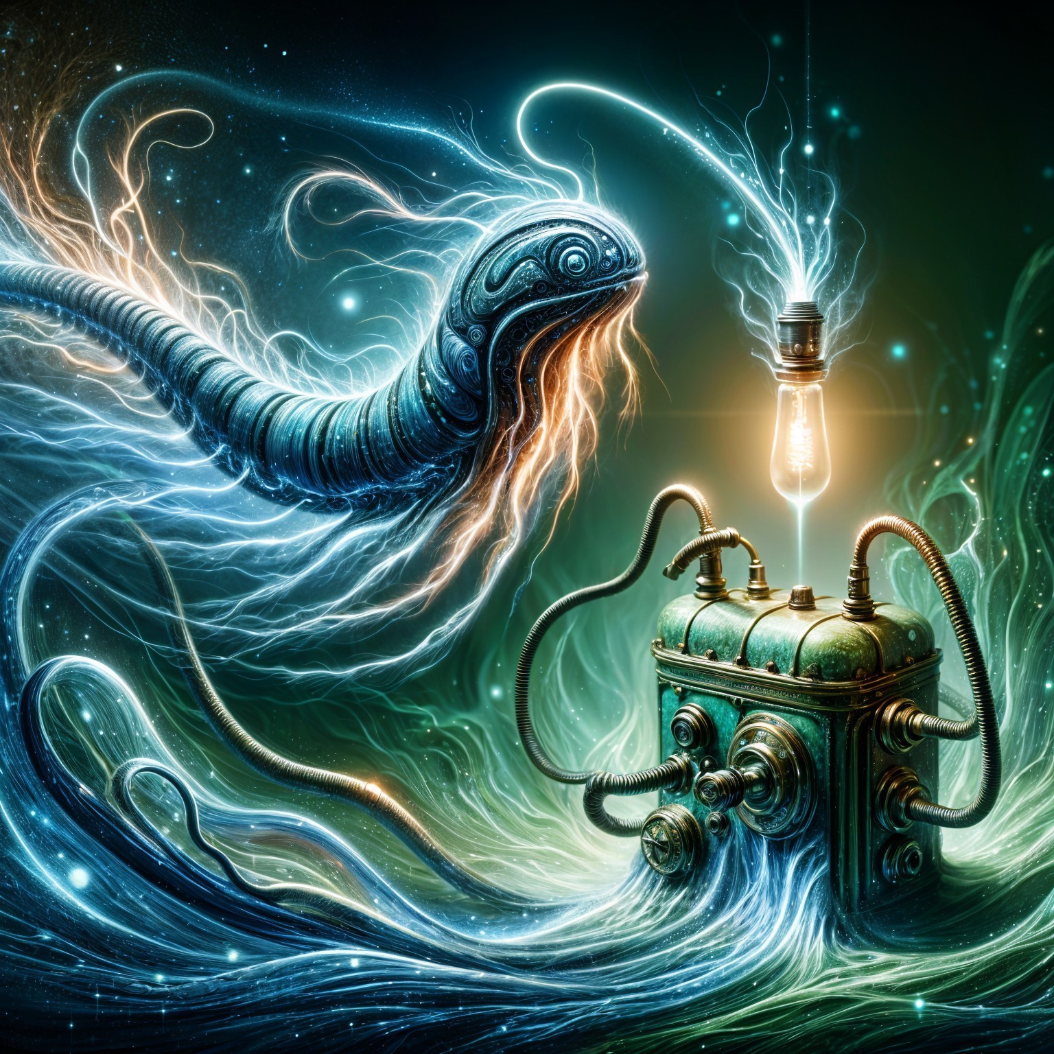 Surreal Landscape with Glowing Creature and Machine