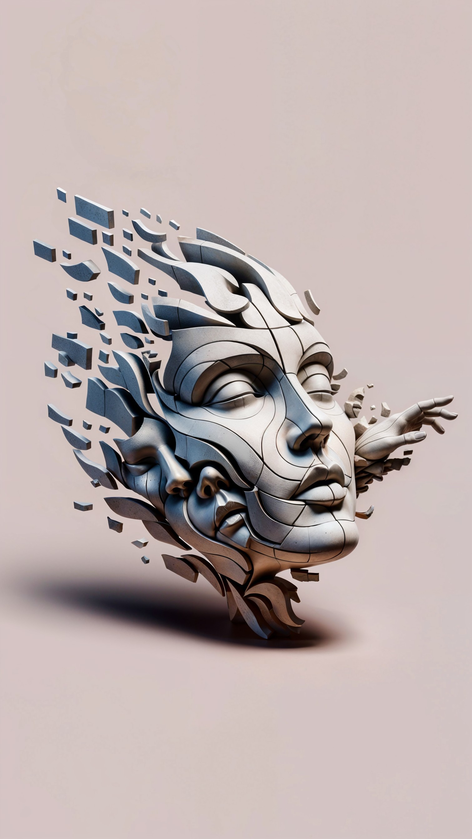 Sculpture of Fragmented Human Face with Dynamic Arm