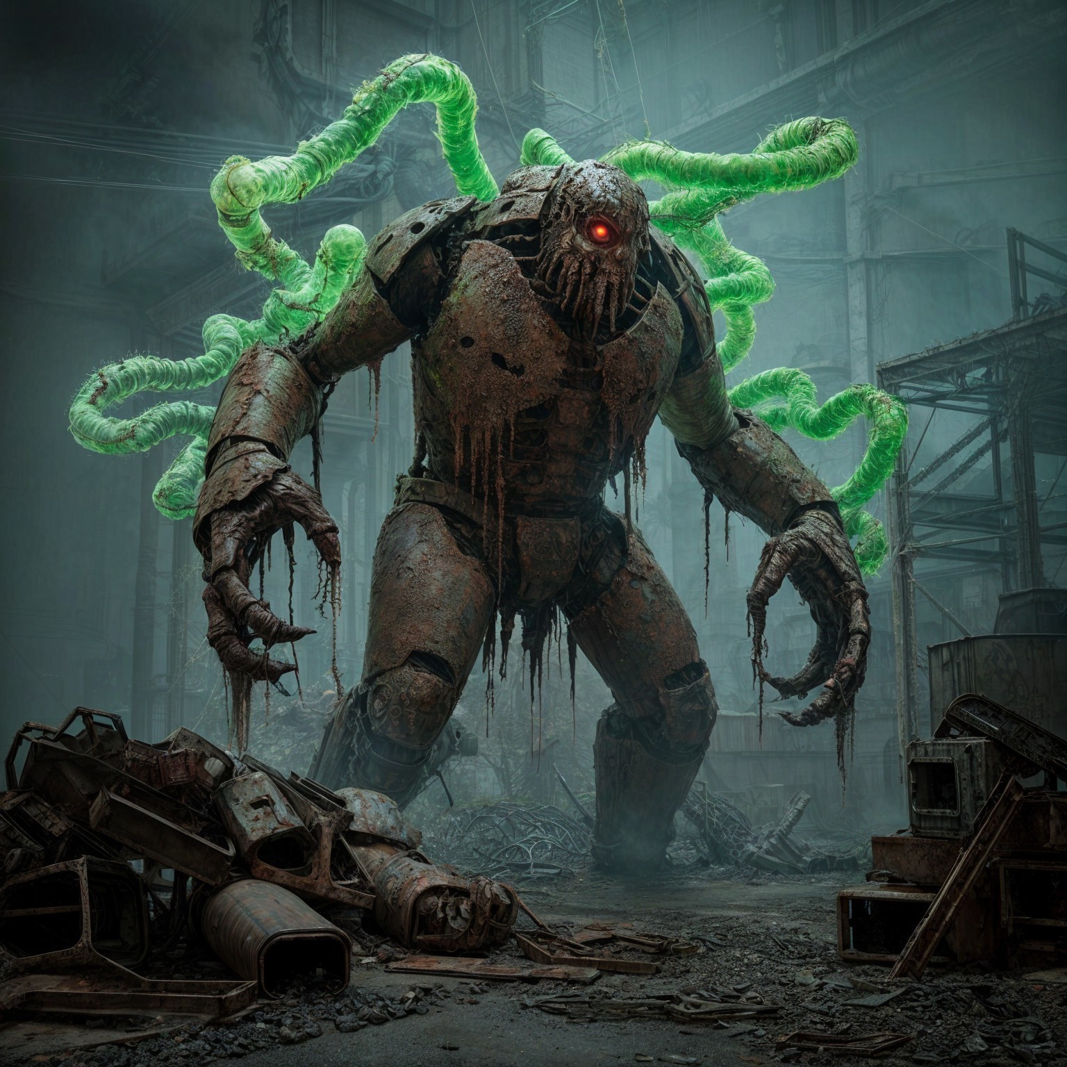 Rusted Robot in a Dilapidated Industrial Environment
