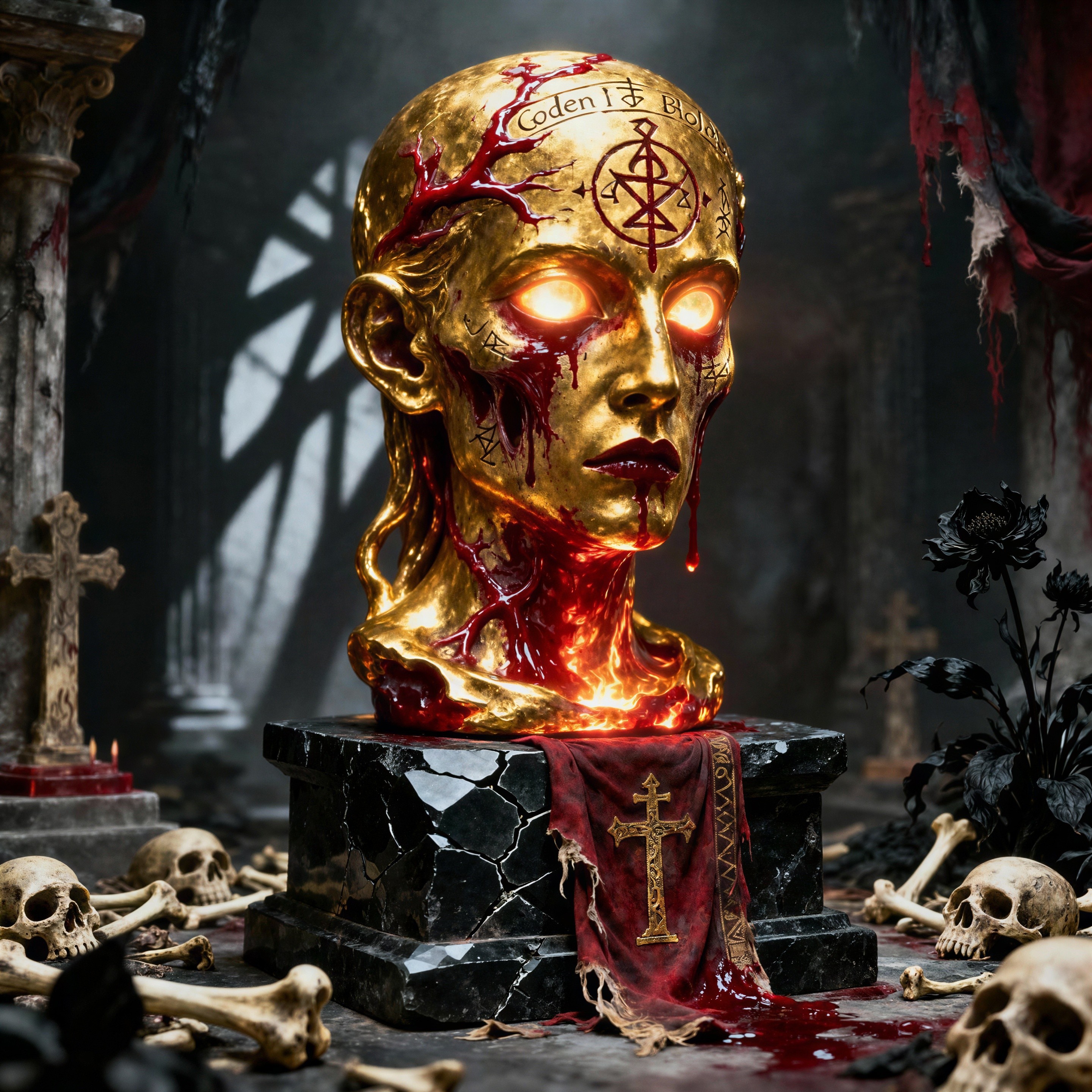 Golden Bust with Glowing Eyes and Blood Details