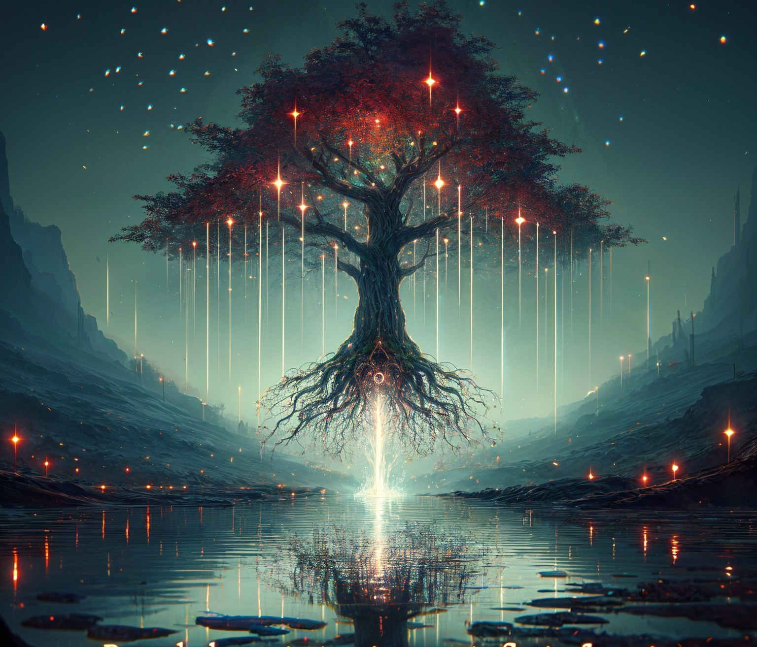 Majestic tree with red leaves in a mystical landscape