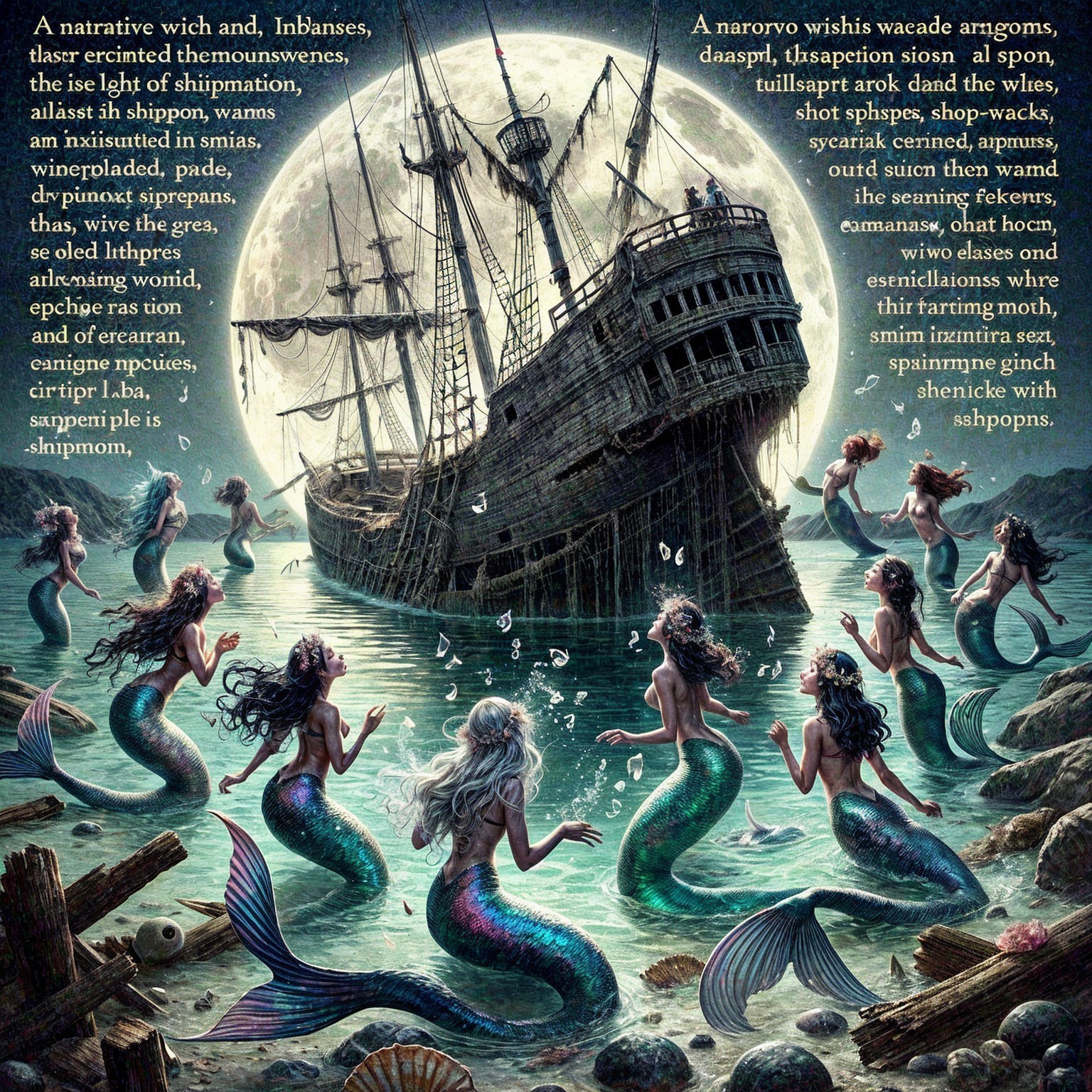 Mermaids in Shimmering Waters Under a Full Moon