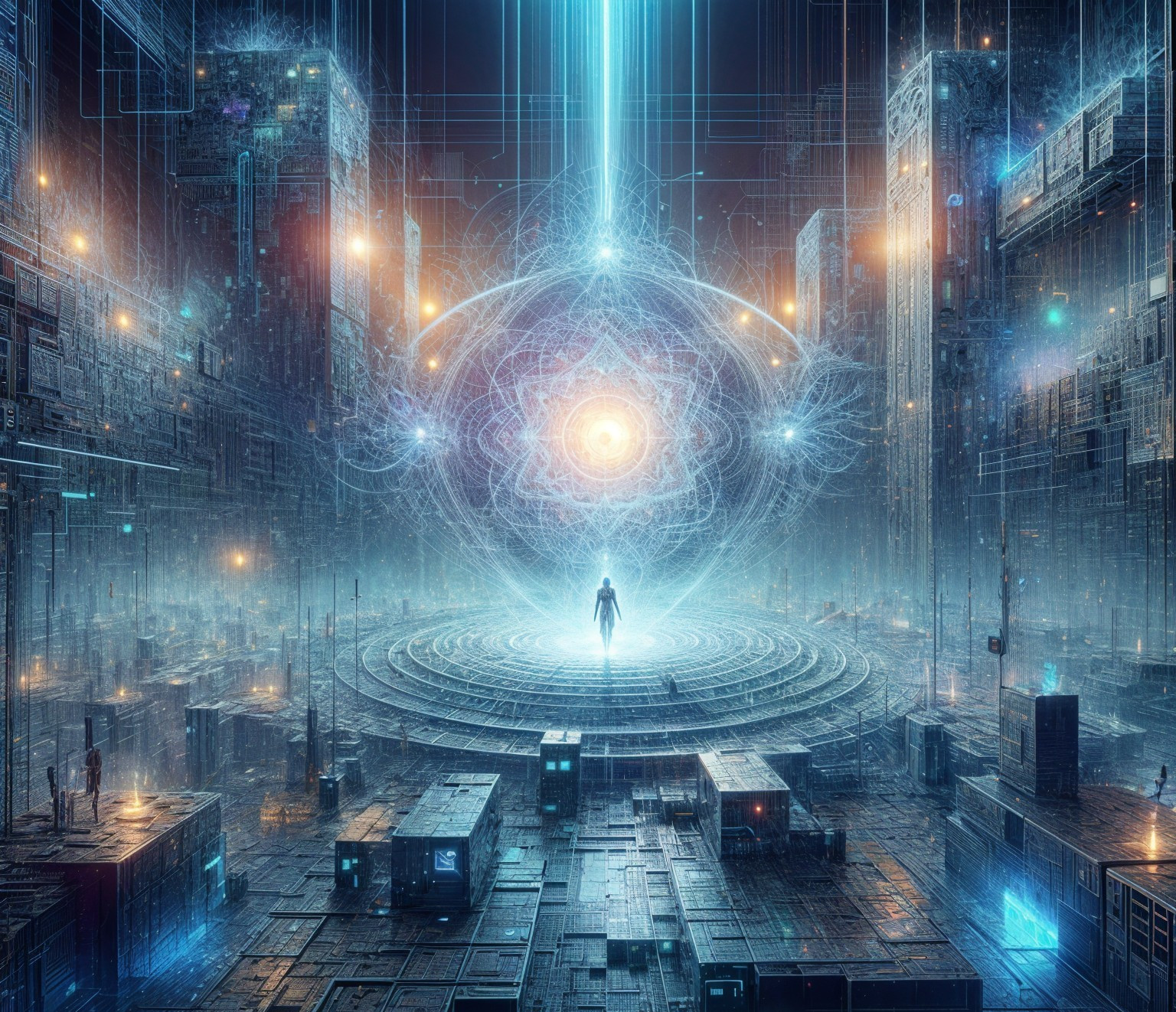 Futuristic cityscape with shimmering circuits and light