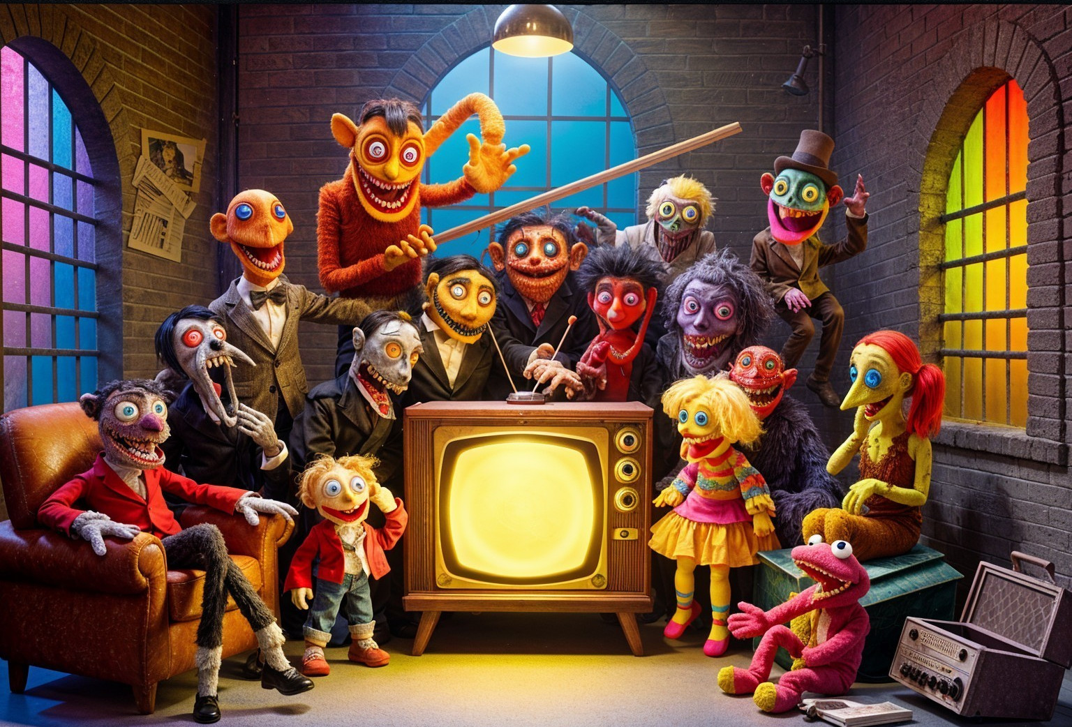 Whimsical Puppet Characters Around Vintage Television Set