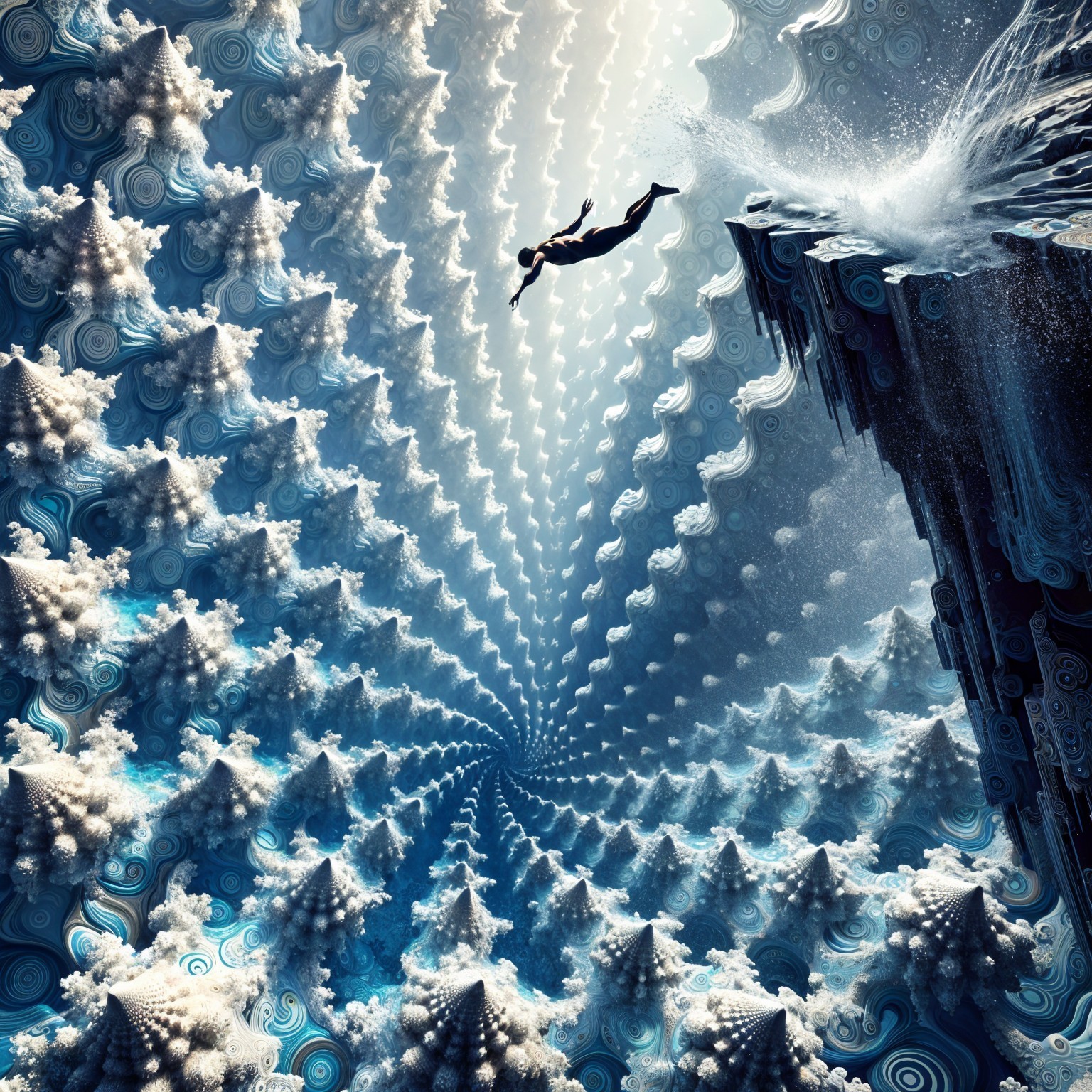 Surreal Fractal Landscape with Spiraling Trees and Waves