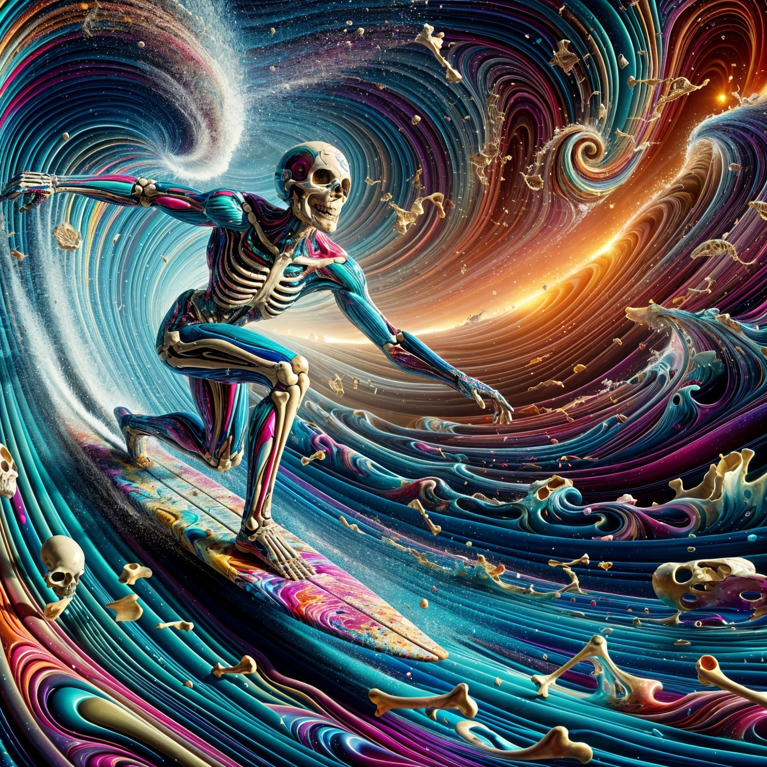 Surreal Skeleton Surfing on Colorful Cosmic Wave