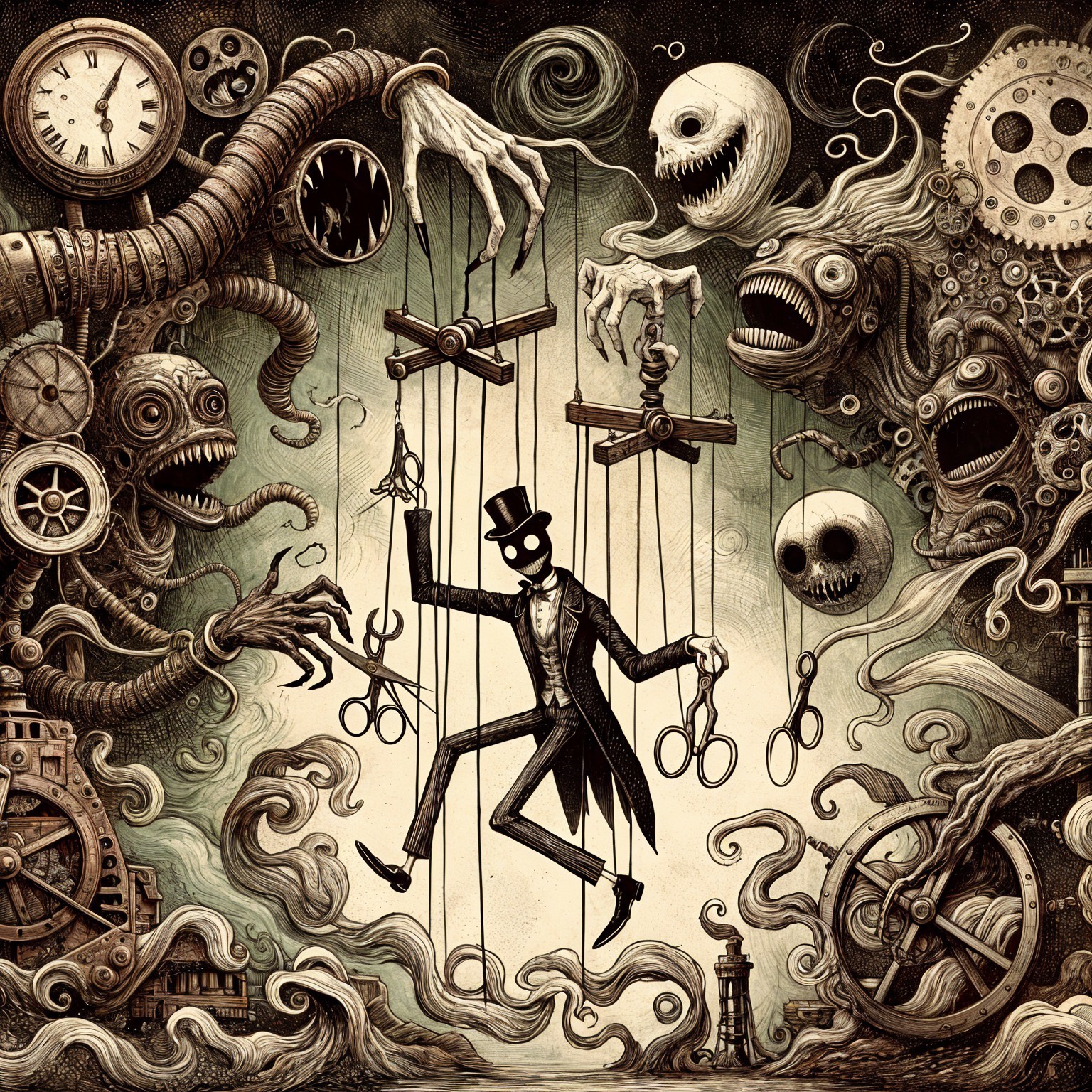 Sinister Puppet Master Manipulating Marionettes in Darkness
