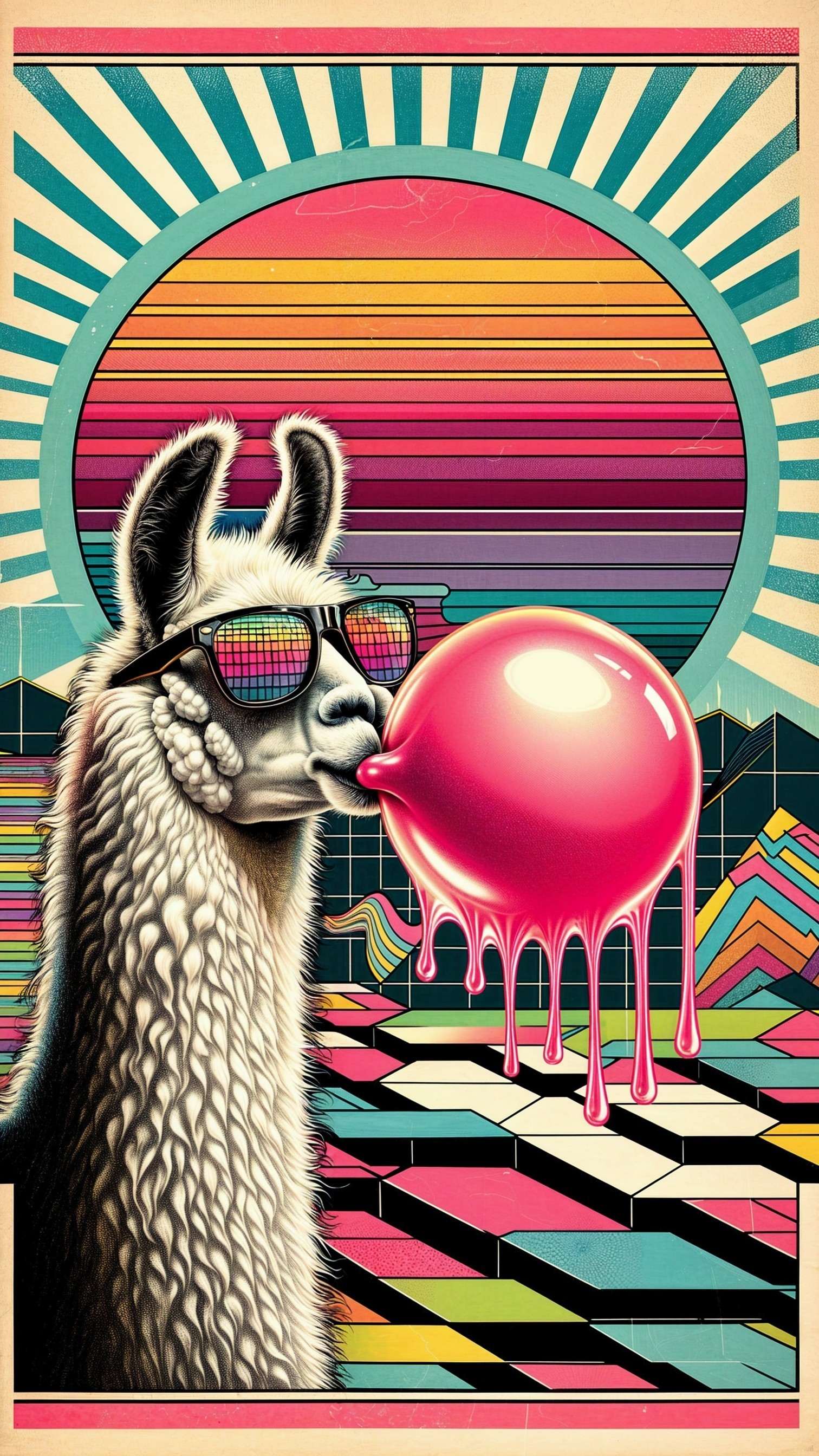 Vibrant Retro Illustration of a Llama with Sunglasses