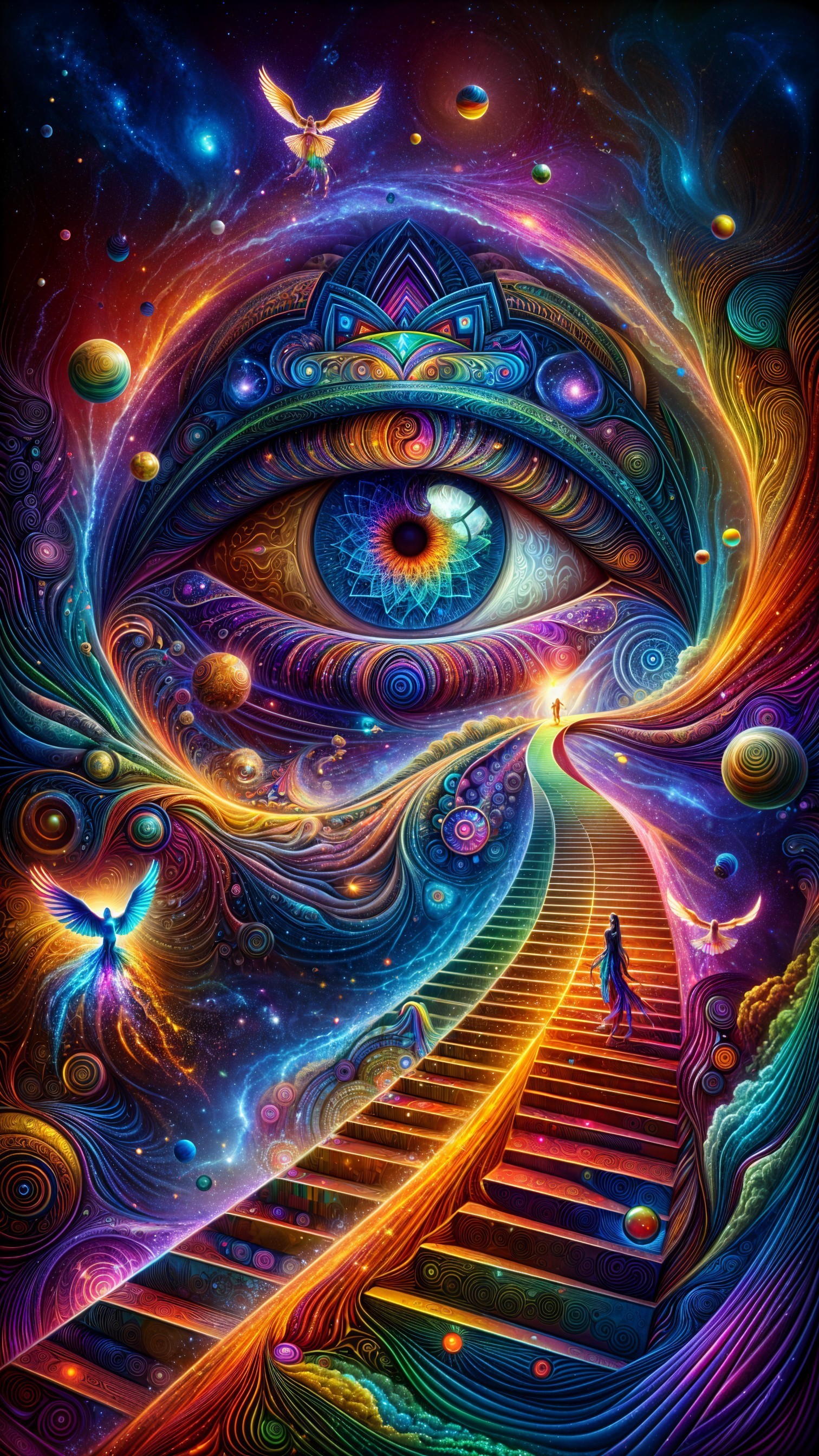 Cosmic Scene with Detailed Eye and Celestial Elements