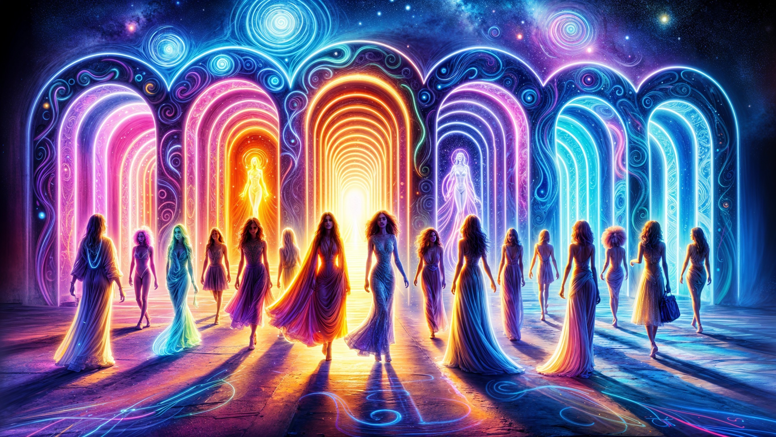 Vibrant Procession of Women Under Colorful Arches