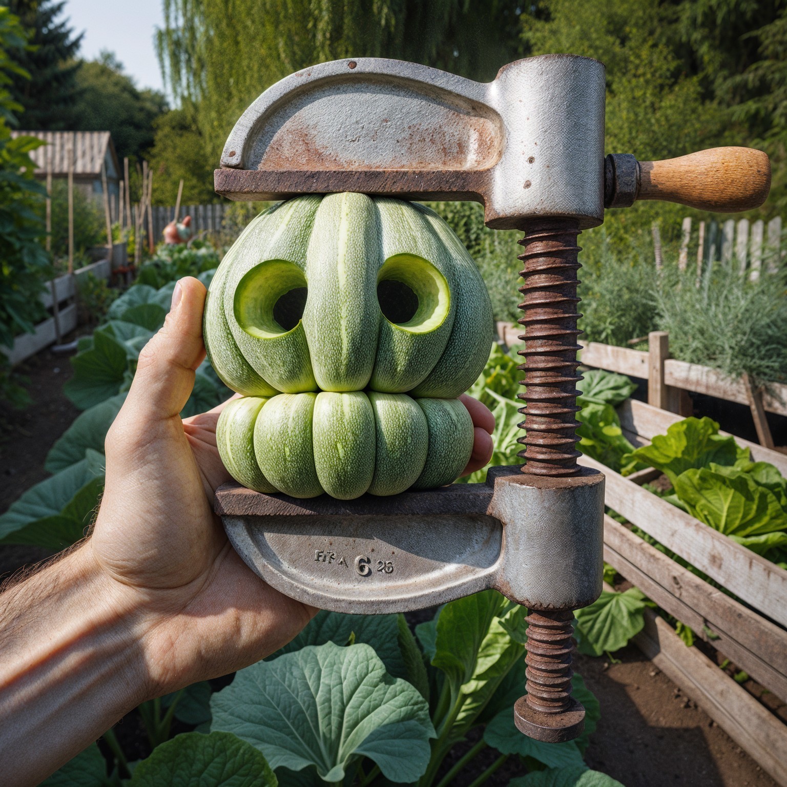 Vintage Clamp Pressing Green Pumpkins in Garden Setting