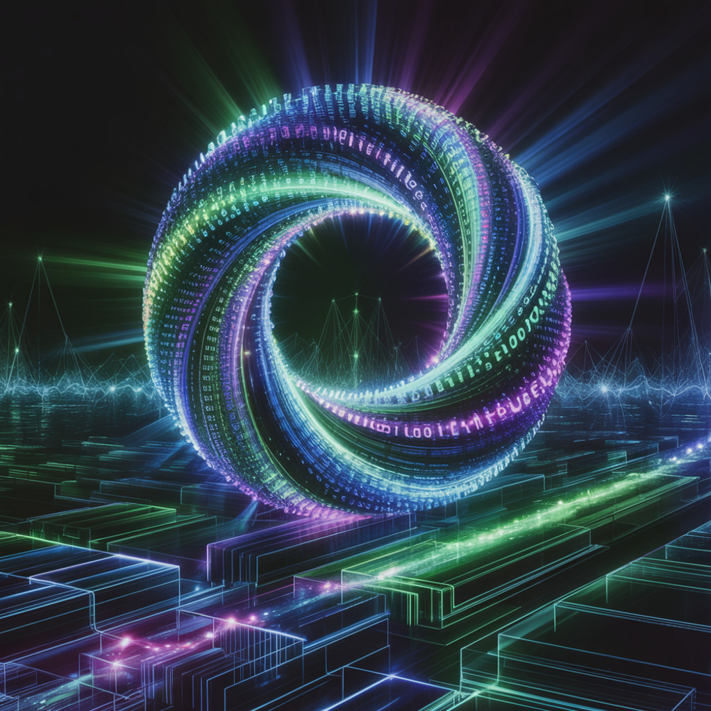 Glowing Binary Sphere Above Digital Circuit Landscape