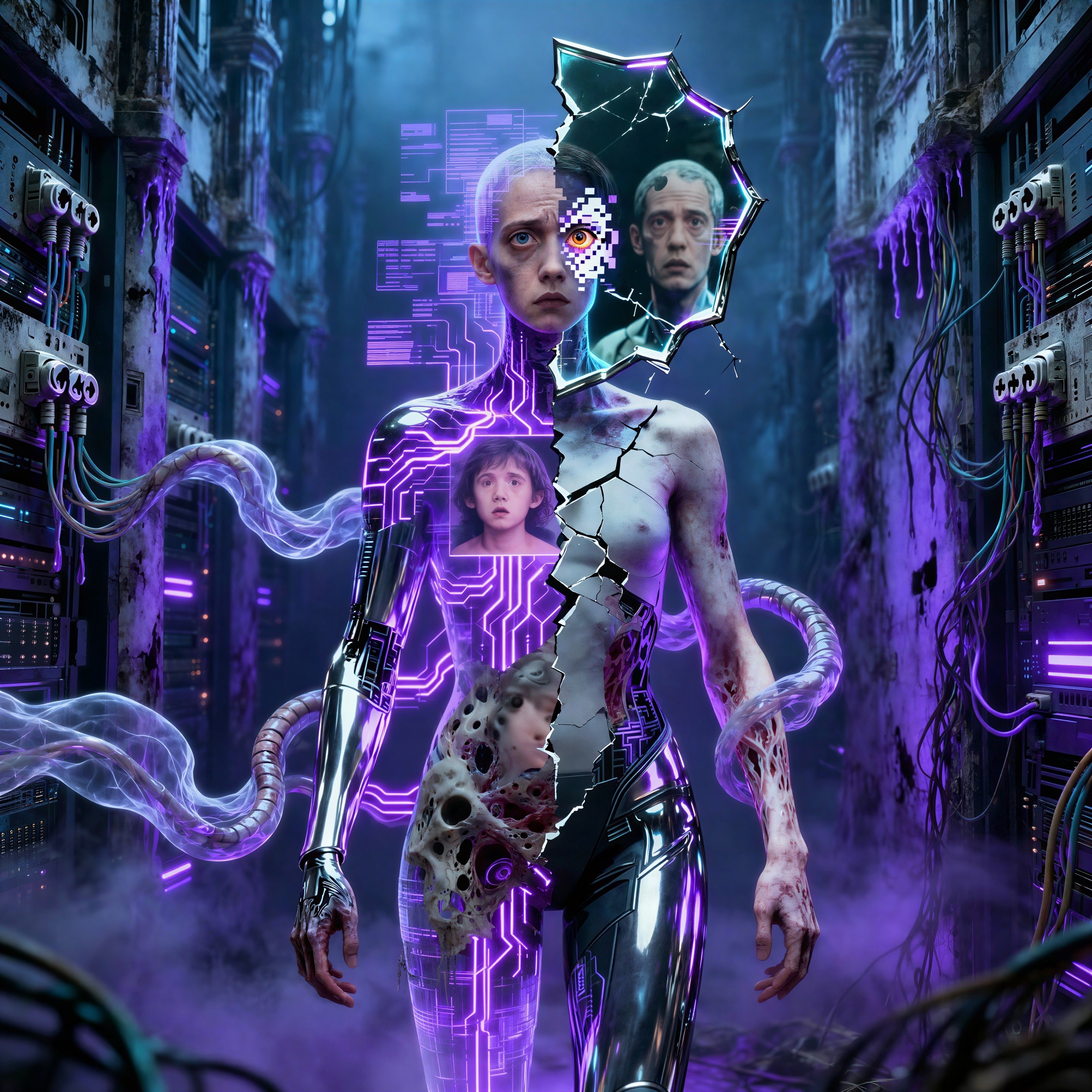 Cyborg and Human Faces in an Abandoned Factory Setting