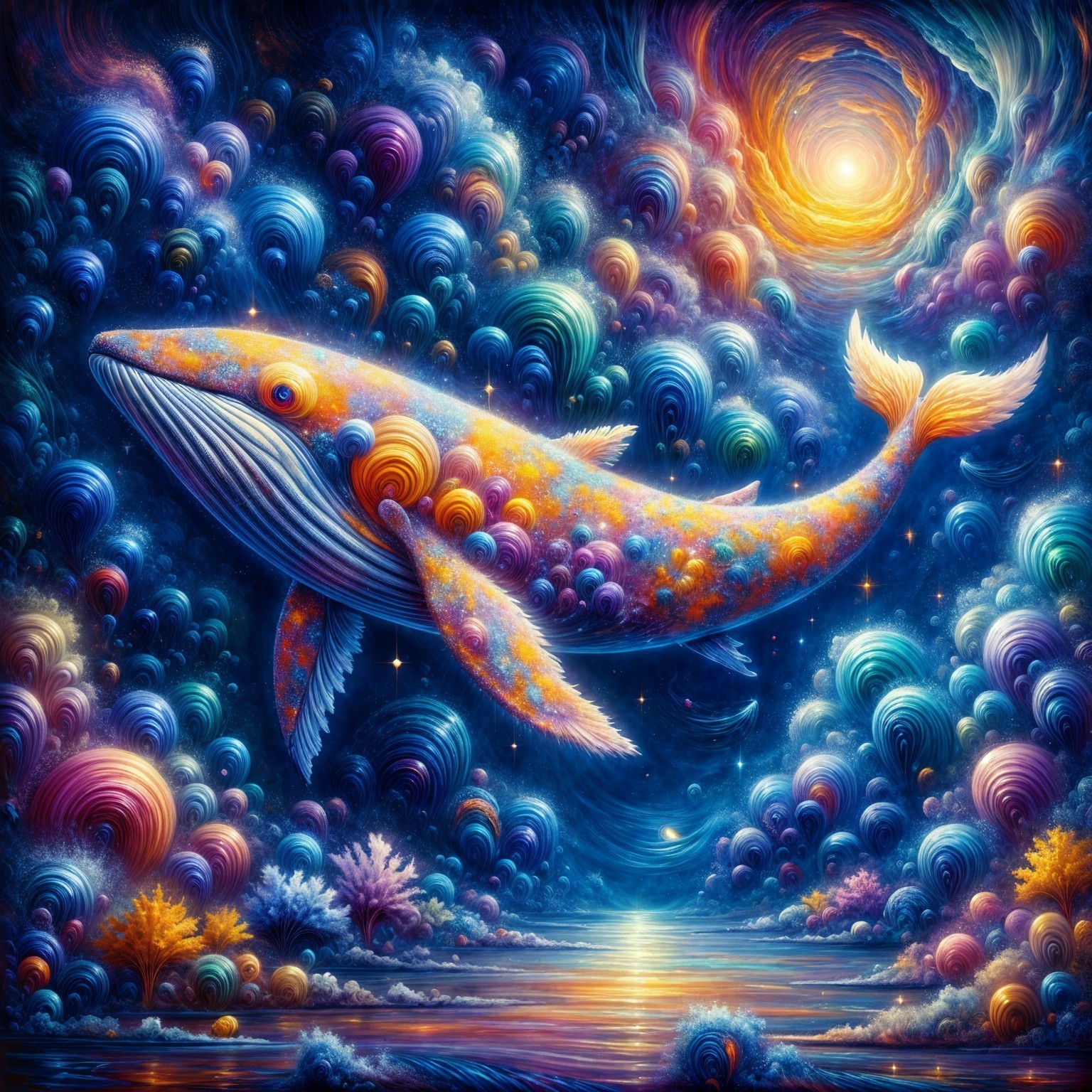 Cosmic Whale in a Kaleidoscopic Celestial Landscape