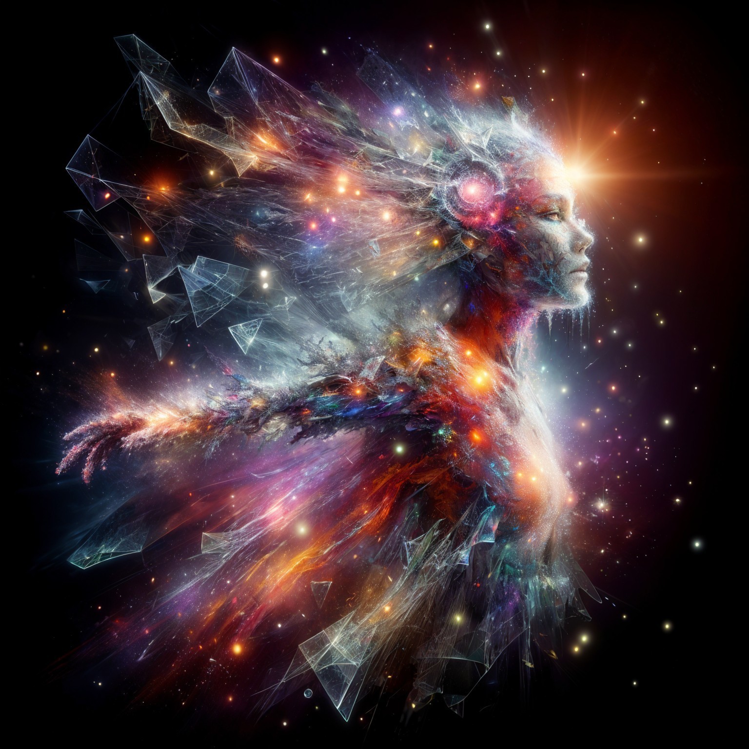 Cosmic Woman Figure Surrounded by Colorful Energy