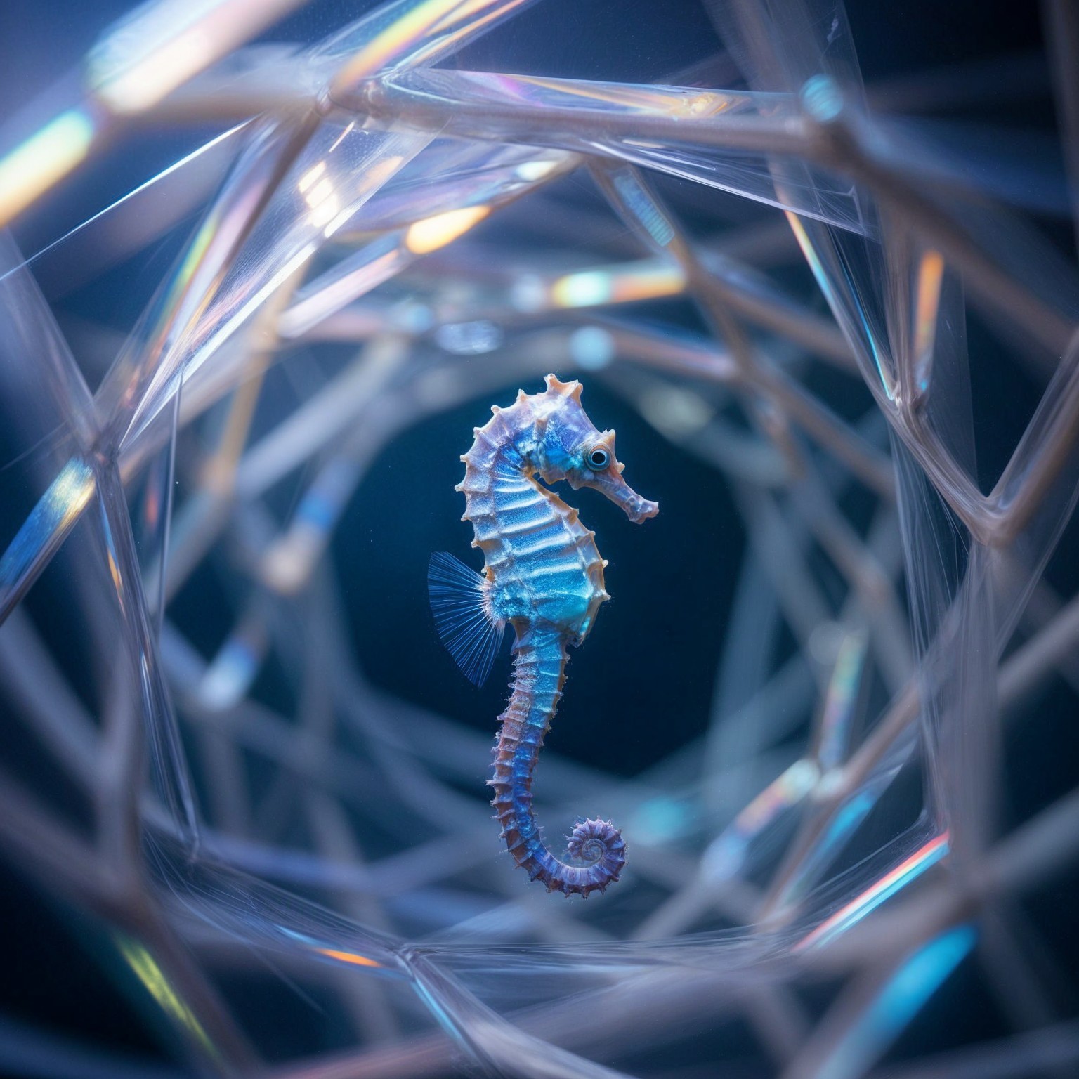 Ethereal Seahorse in Geometric Prism Structure