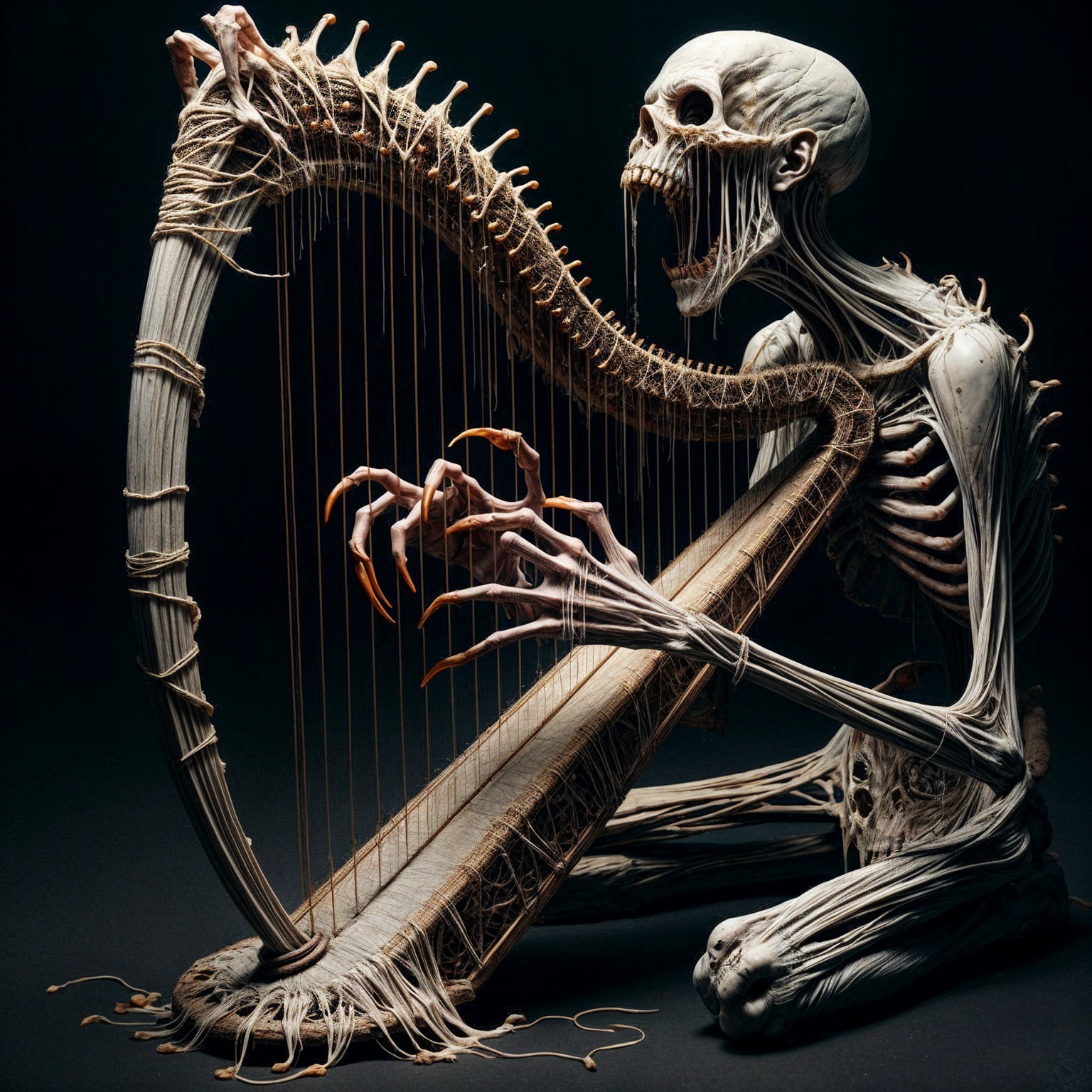 Skeletal Figure Playing an Eerie Harp in Darkness