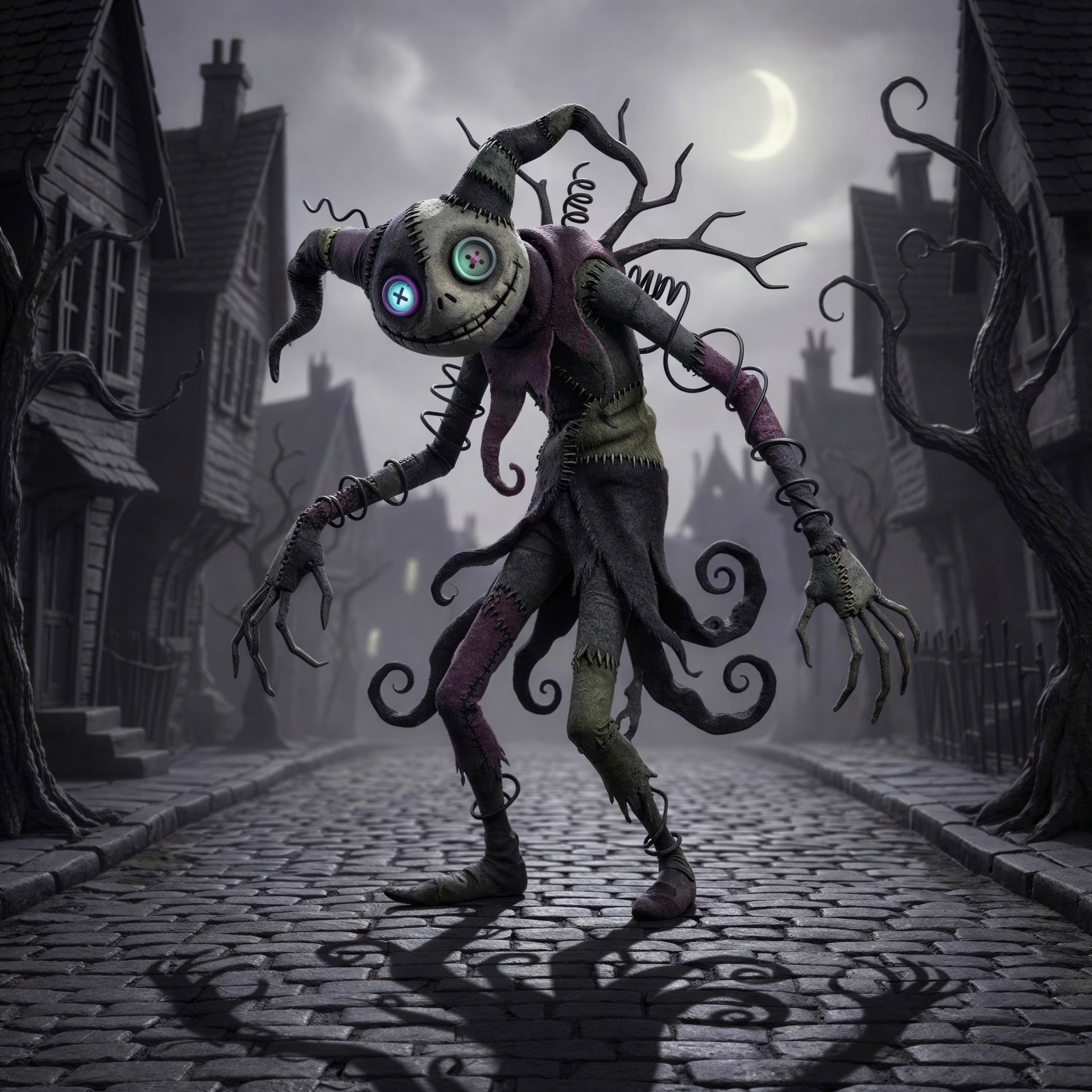 Creepy Stitched Ragdoll in Foggy Monochrome Town