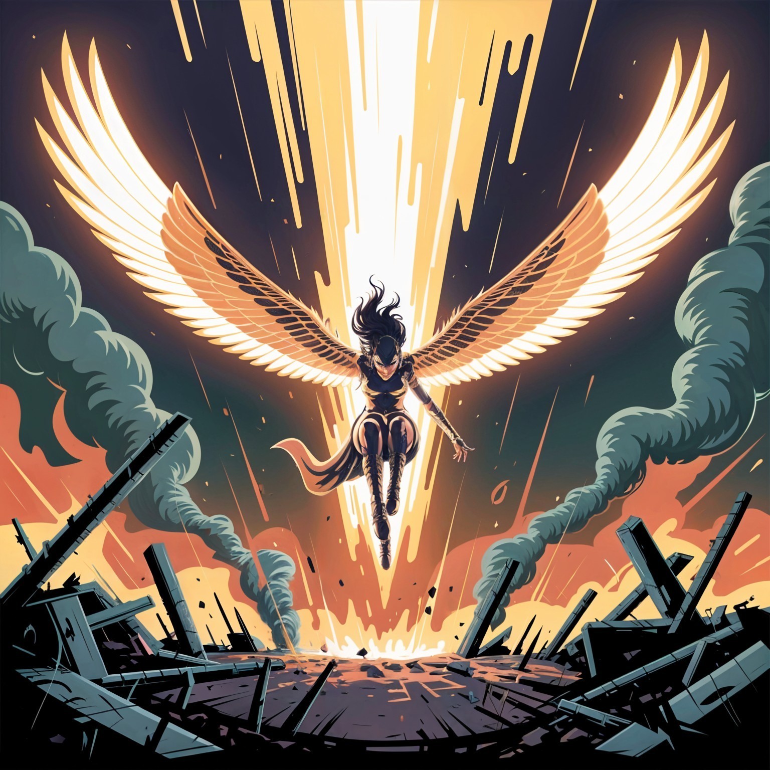 Majestic Winged Figure in Fiery Destruction Scene