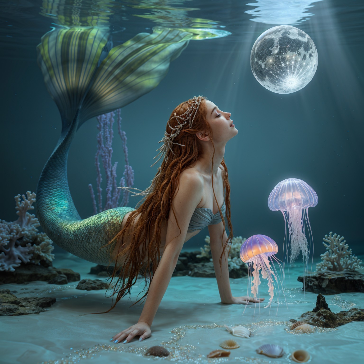 Underwater Scene with Mermaid and Glowing Moon