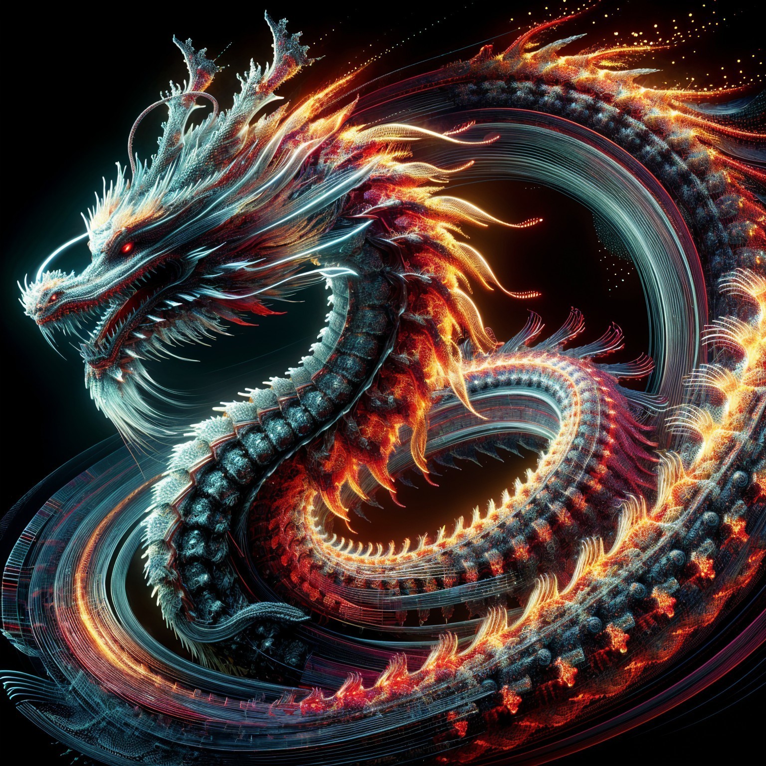 Majestic dragon with vibrant scales in mid-air