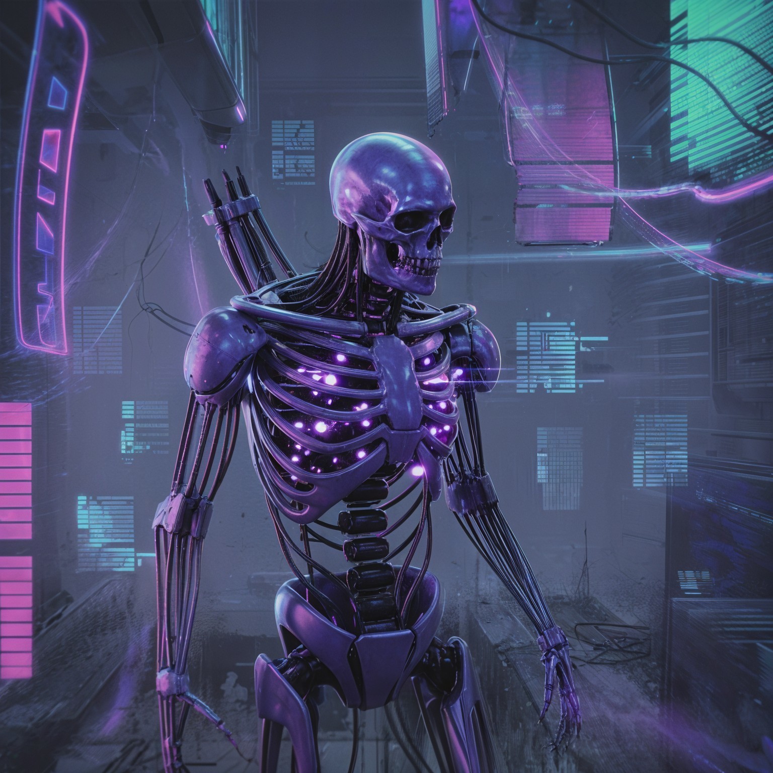 Futuristic Skeleton in Neon Cyberpunk Cityscape